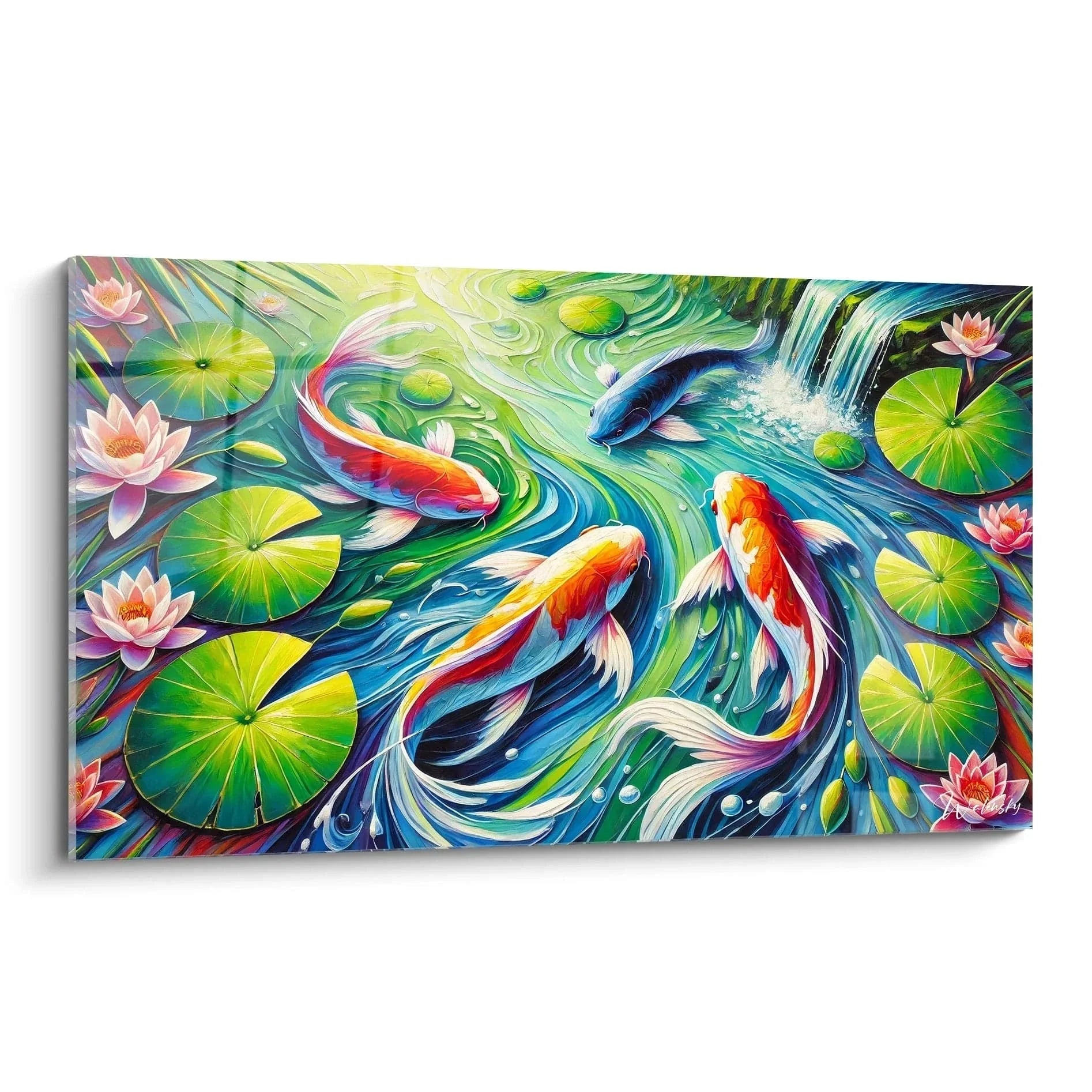 Wandbild Koi Karpfen mit Lotusblüten im Fauvismus-Stil, leuchtende Farben, asiatische Kunst für moderne Dekoration