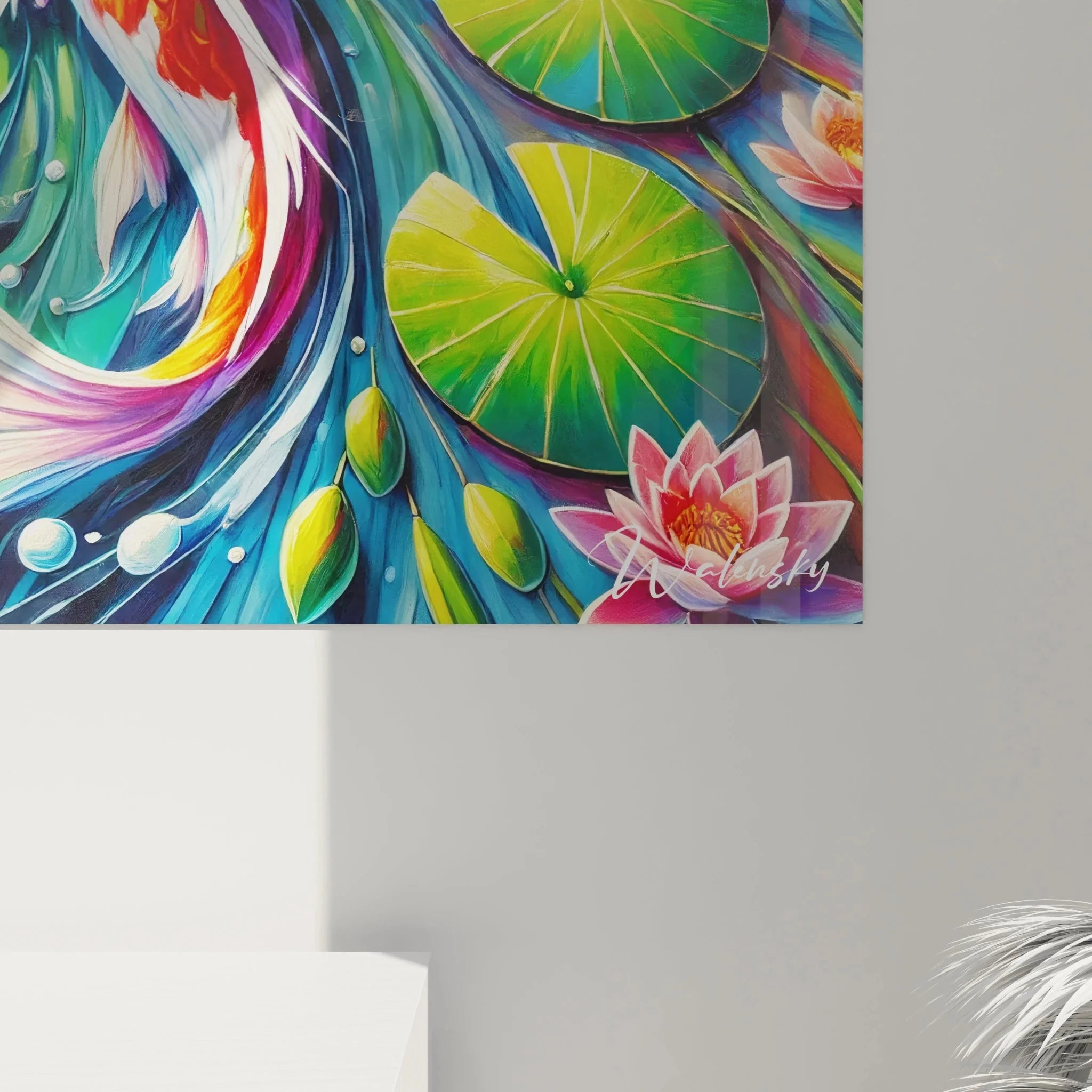 Gesamtansicht Wandbild Koi Karpfen Lotusblüten, harmonische Komposition asiatischer Motive im Fauvismus-Stil