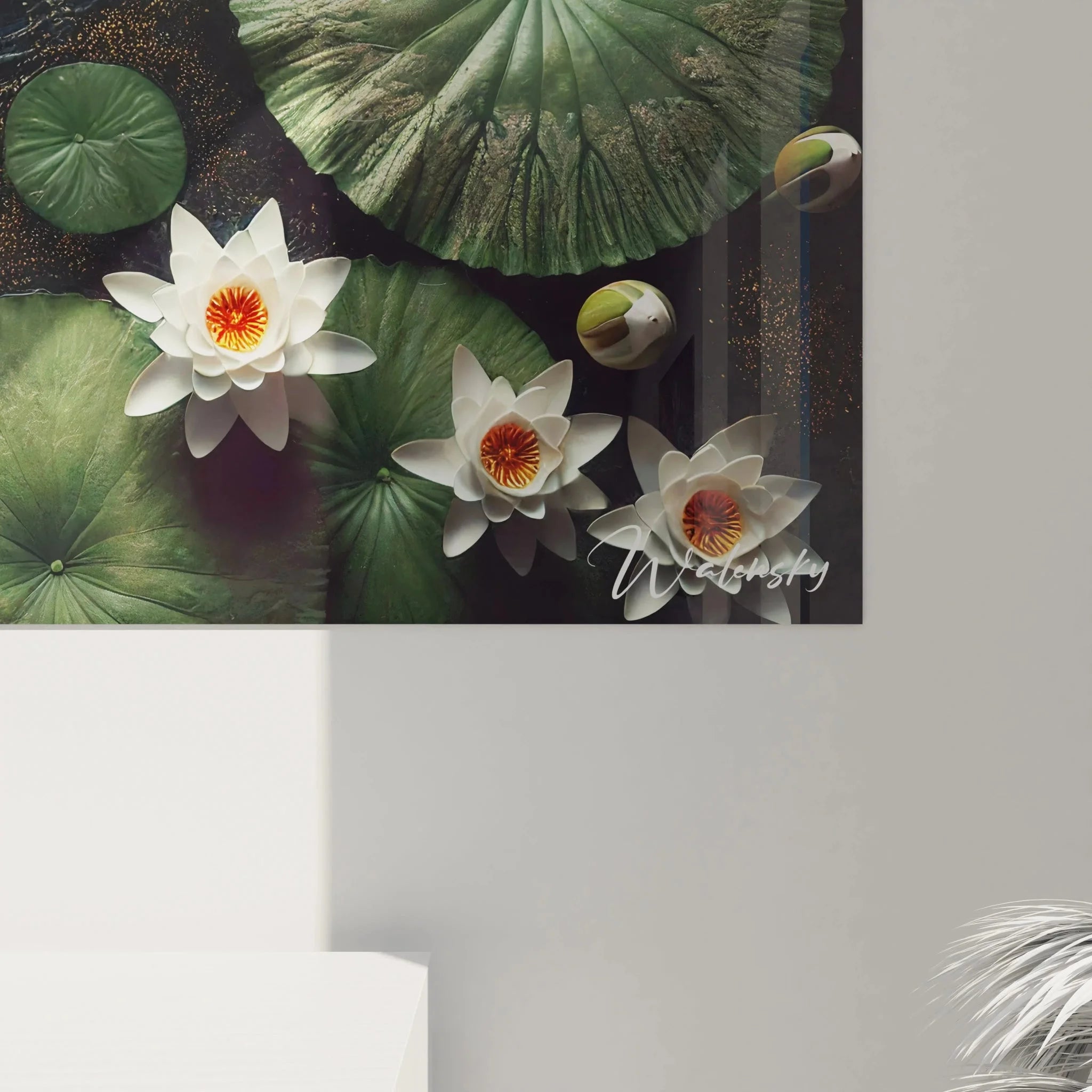 Gesamtansicht Wandbild Koi-Teich mit Seerosen - komplette Komposition asiatische Wandkunst Raumwirkung