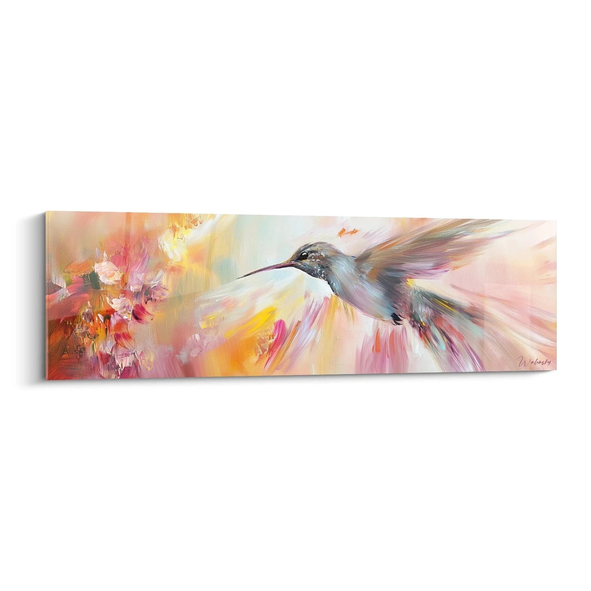 Impressionistisches Wandbild Kolibri mit bunten abstrakten Blüten in Rot Rosa Gelb auf Leinwand