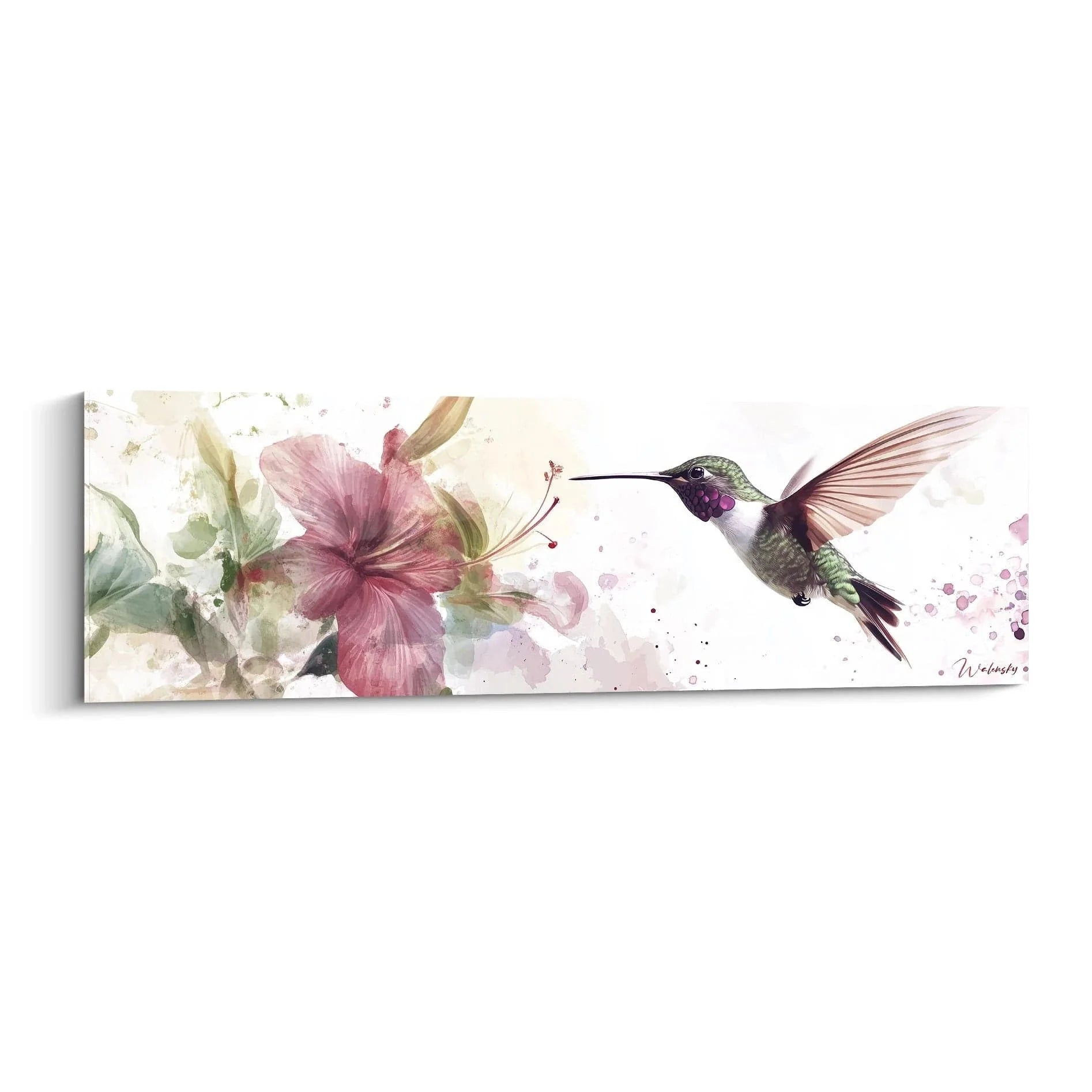 Wandbild Kolibri mit rosa Hibiskusblüte im Aquarell-Stil, Edition Kolibri Wandkunst