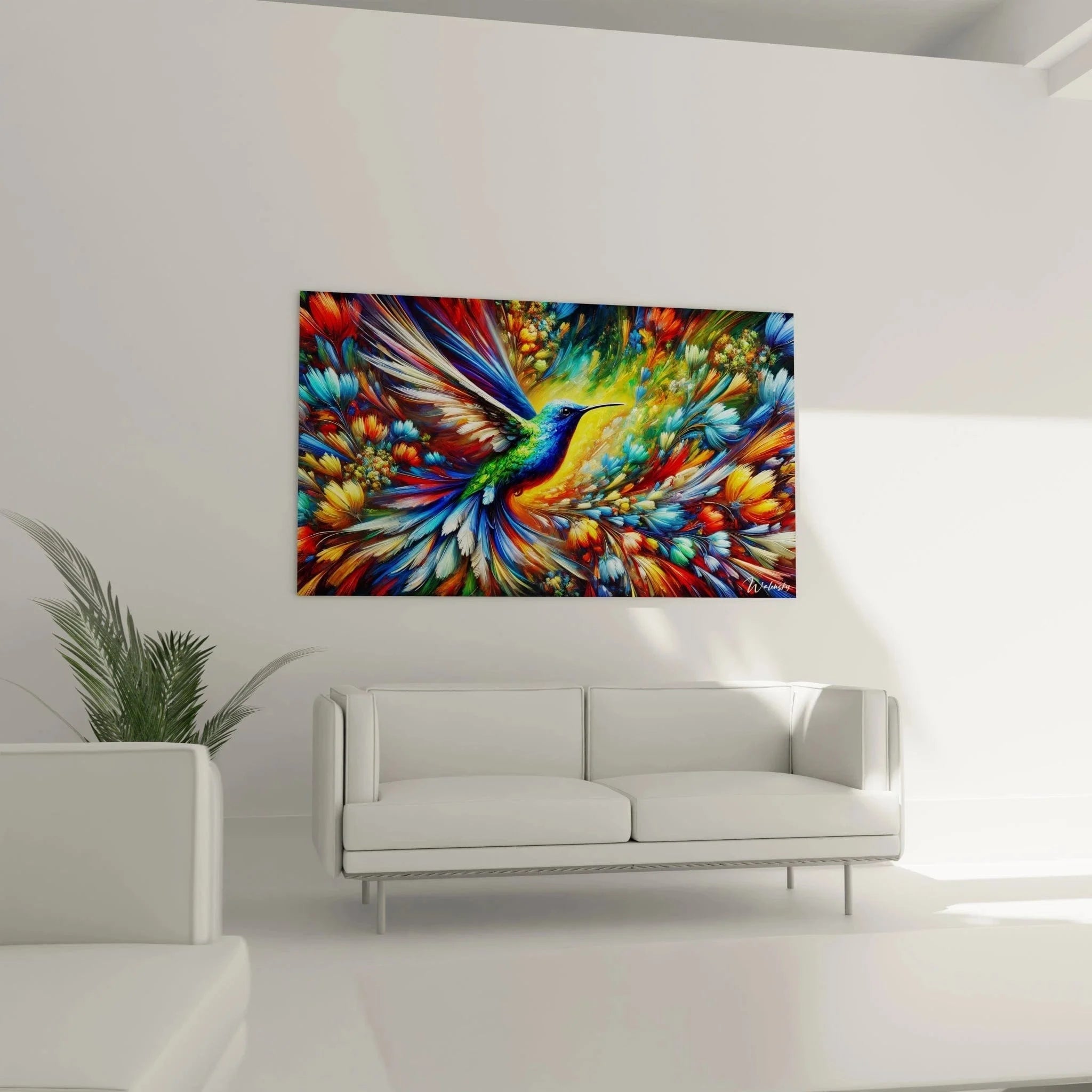 Detailansicht Wandbild Kolibri zeigt schillernde Federn und abstrakte Farbwirbel in Nahaufnahme