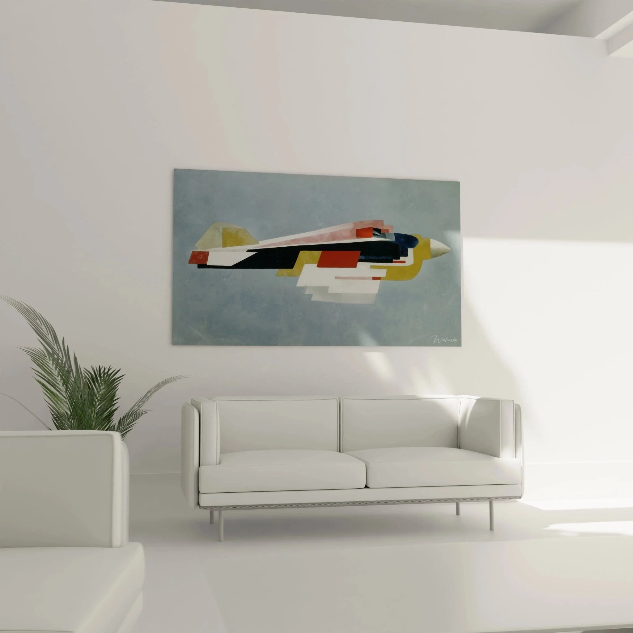 Detailansicht Wandbild Konstruktivismus mit präzisen geometrischen Farbflächen und Formen