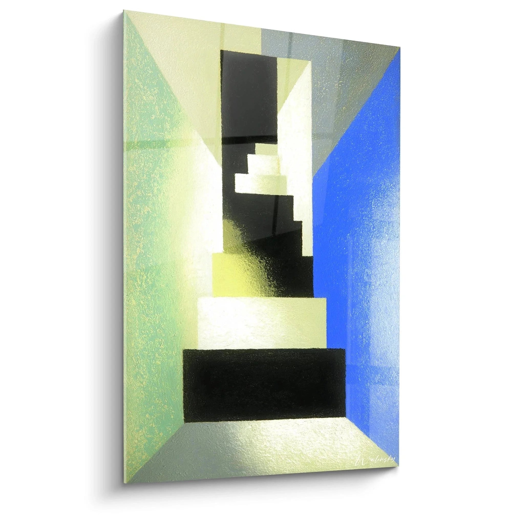 Wandbild Konstruktivismus mit geometrischer Treppe in Grün Blau Schwarz geometrische Wandkunst moderne Dekoration