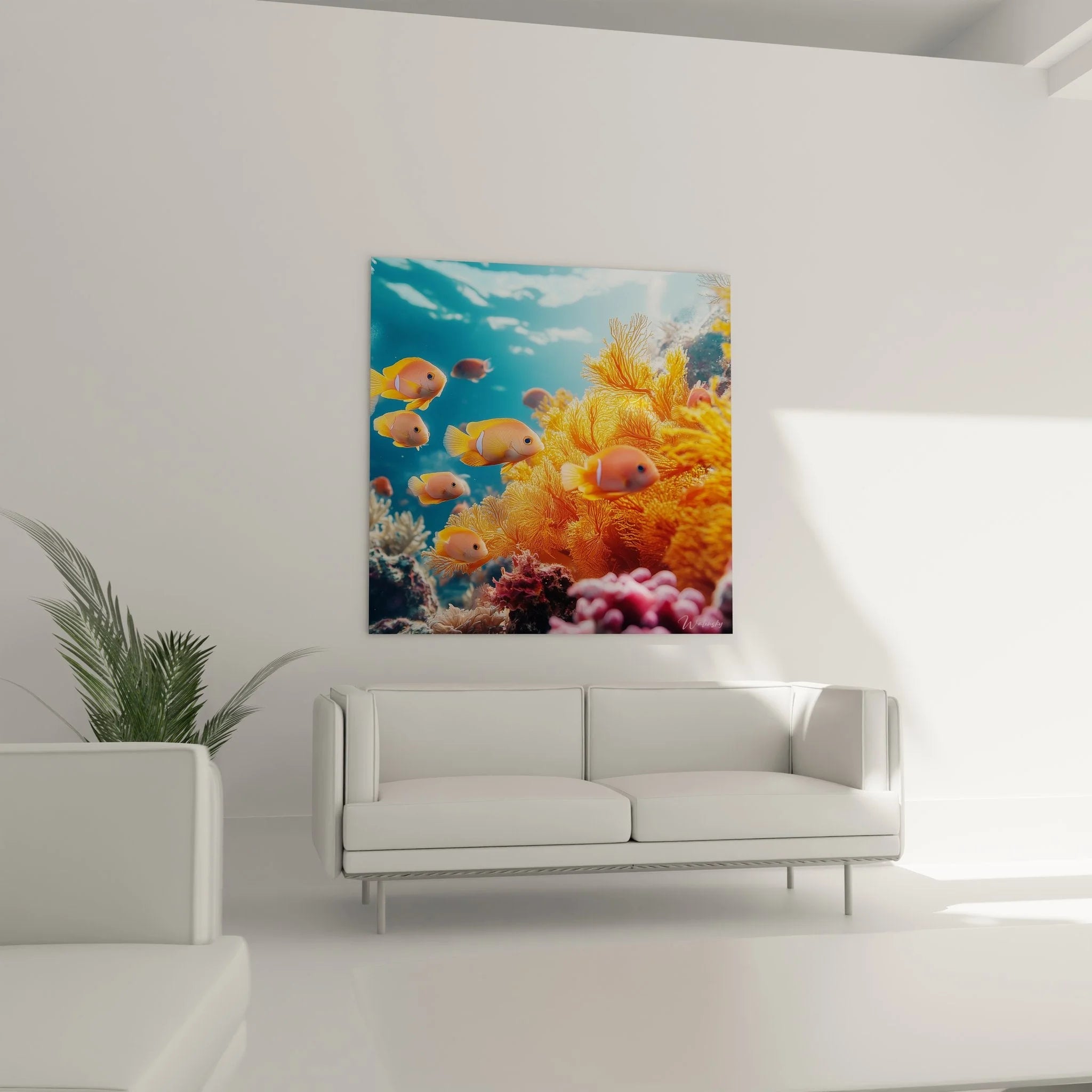 Nahaufnahme Wandbild Korallenfische - detaillierte Darstellung der orangefarbenen Meerestiere