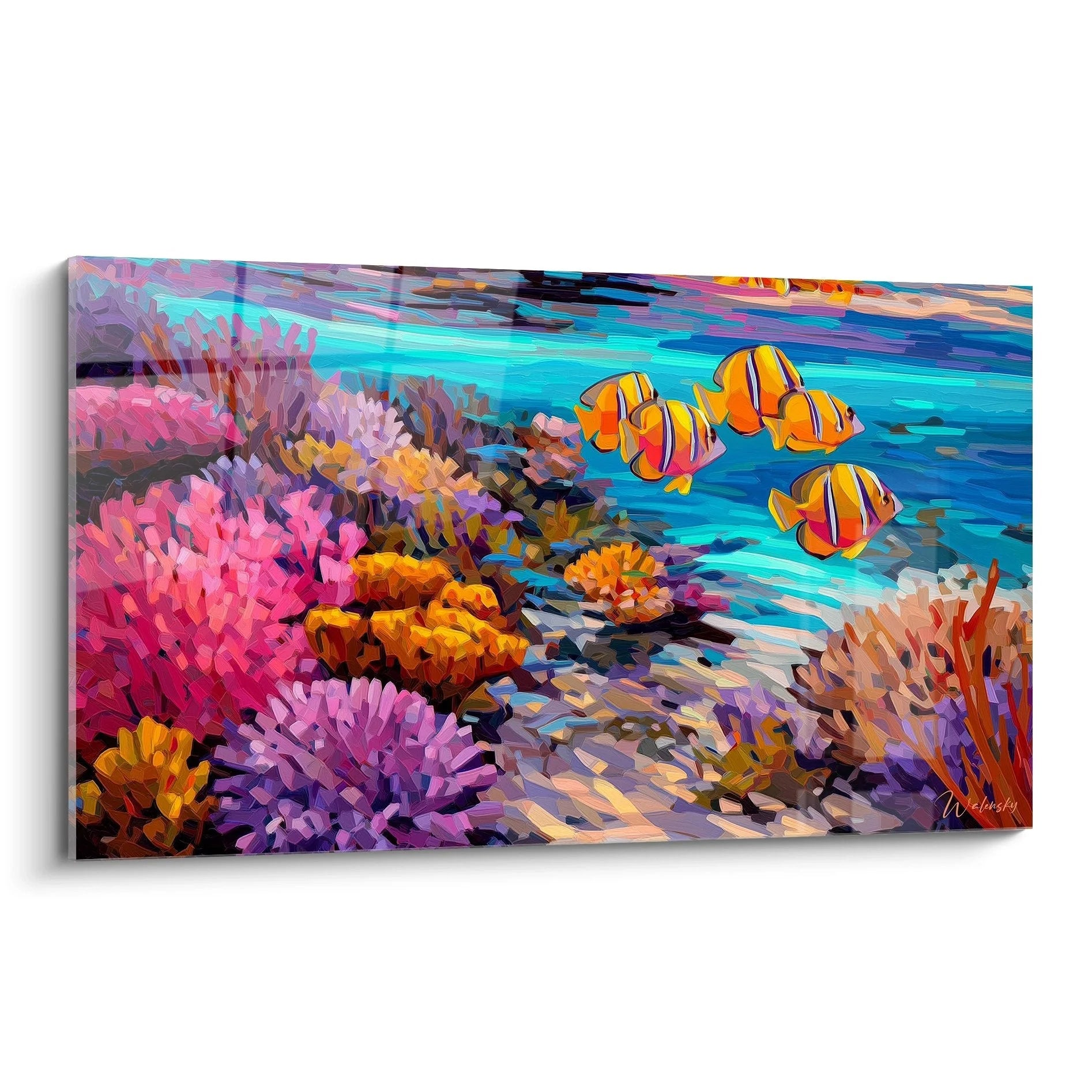 Wandbild Korallenriff mit Clownfischen und bunten Korallen in türkisblauem Wasser