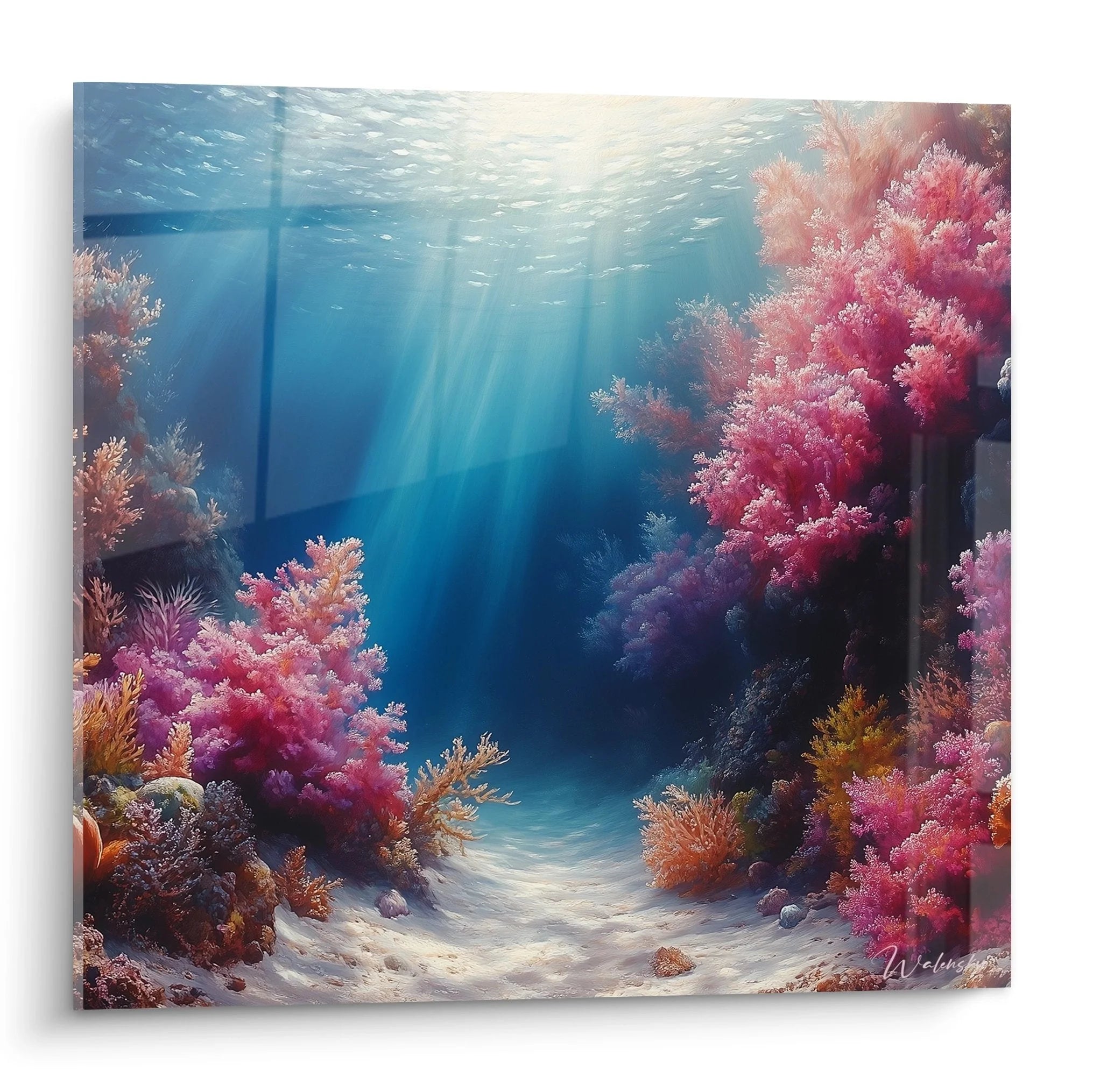 Wandbild rosa Korallenriff mit türkisem Wasser und Sonnenstrahlen - Premium Unterwasserwelt Kunstdruck