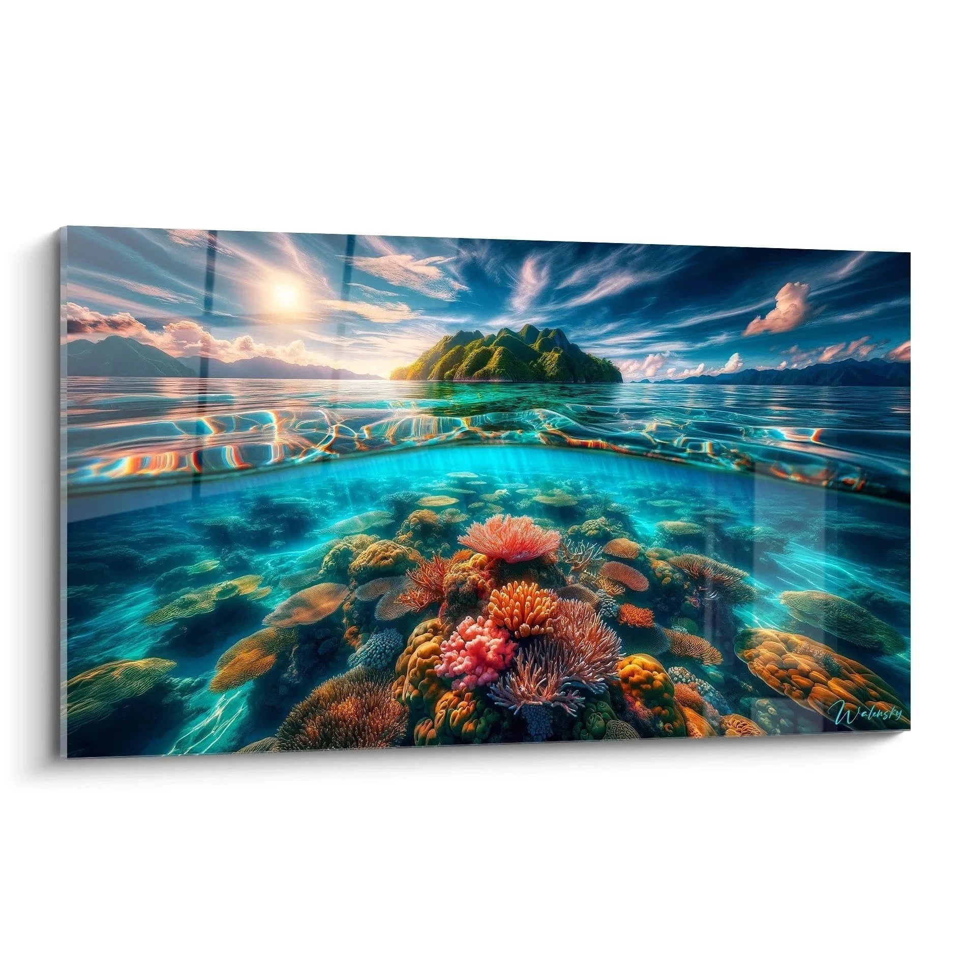 Wandbild Korallenriff mit tropischer Insel - Split-Level Unterwasserlandschaft in bunten Farben
