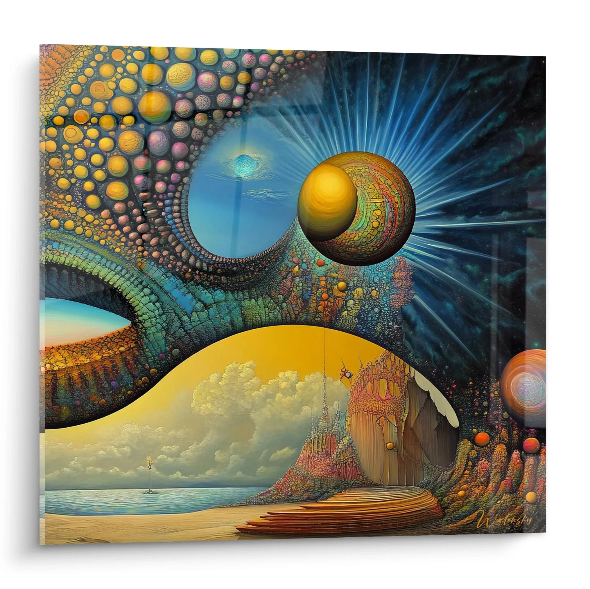 Surreales Wandbild mit kosmischer Landschaft, goldenen Kugeln und blauen Lichtstrahlen in Premium-Qualität