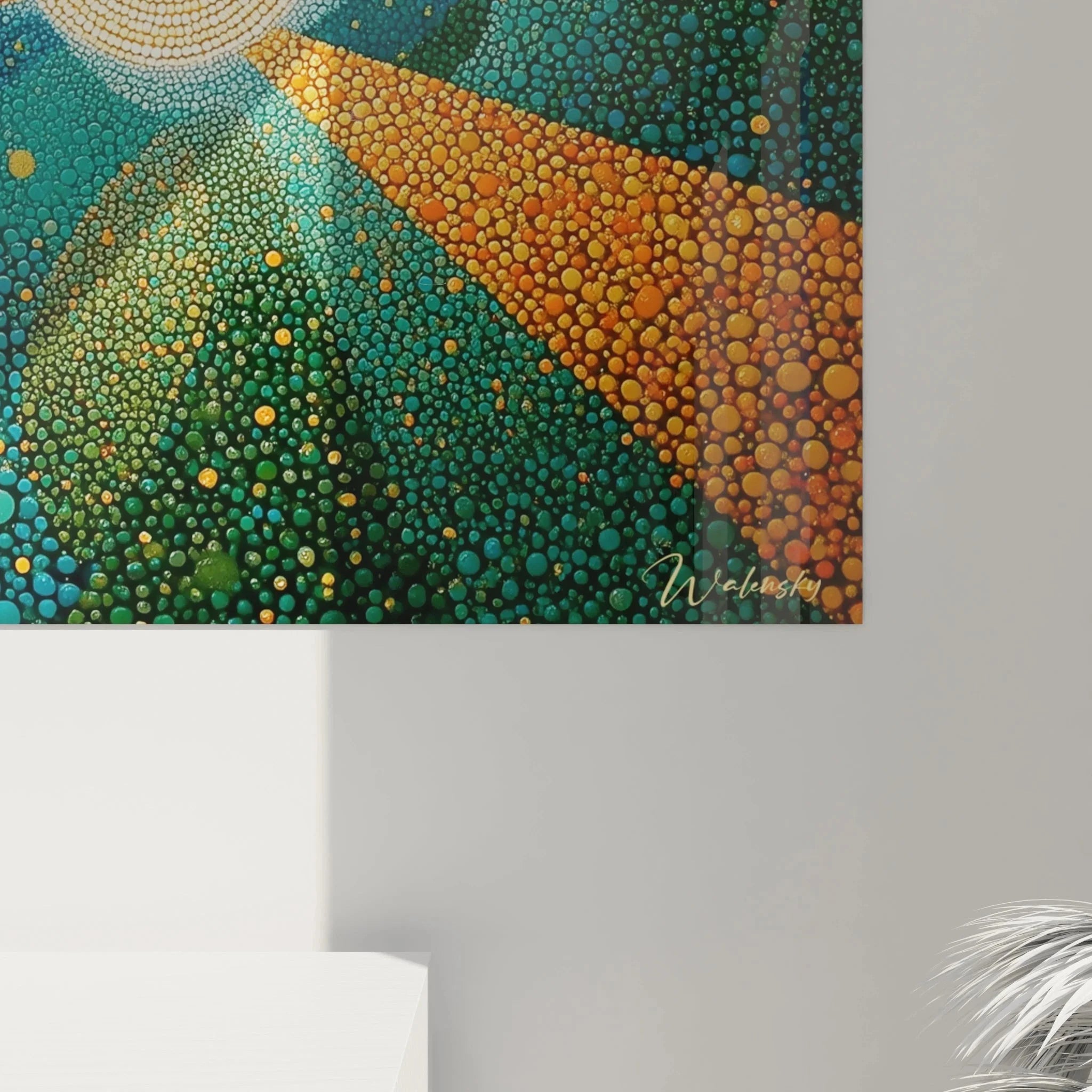 Wandbild kosmische Sonne Gesamtansicht - pointillistische Maltechnik mit strahlender Komposition