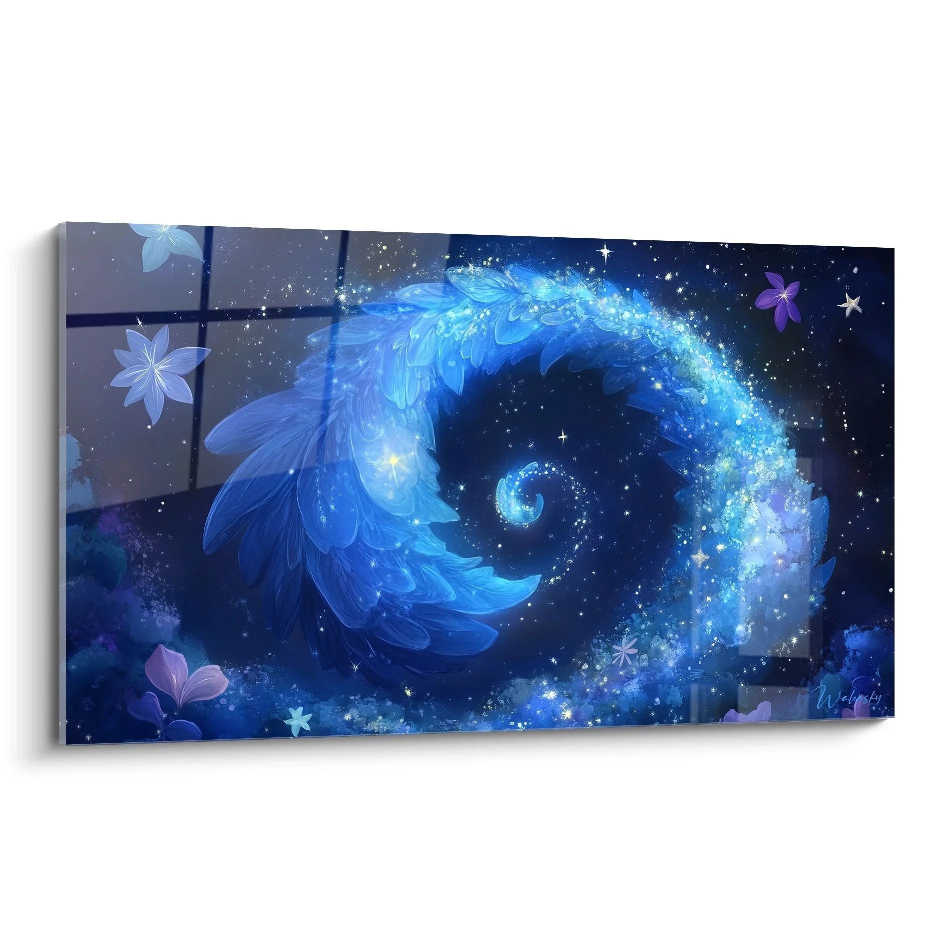 Wandbild kosmische Spirale in blauen Tönen mit Sternen und Blütenmotiven - abstrakte Galaxienkunst