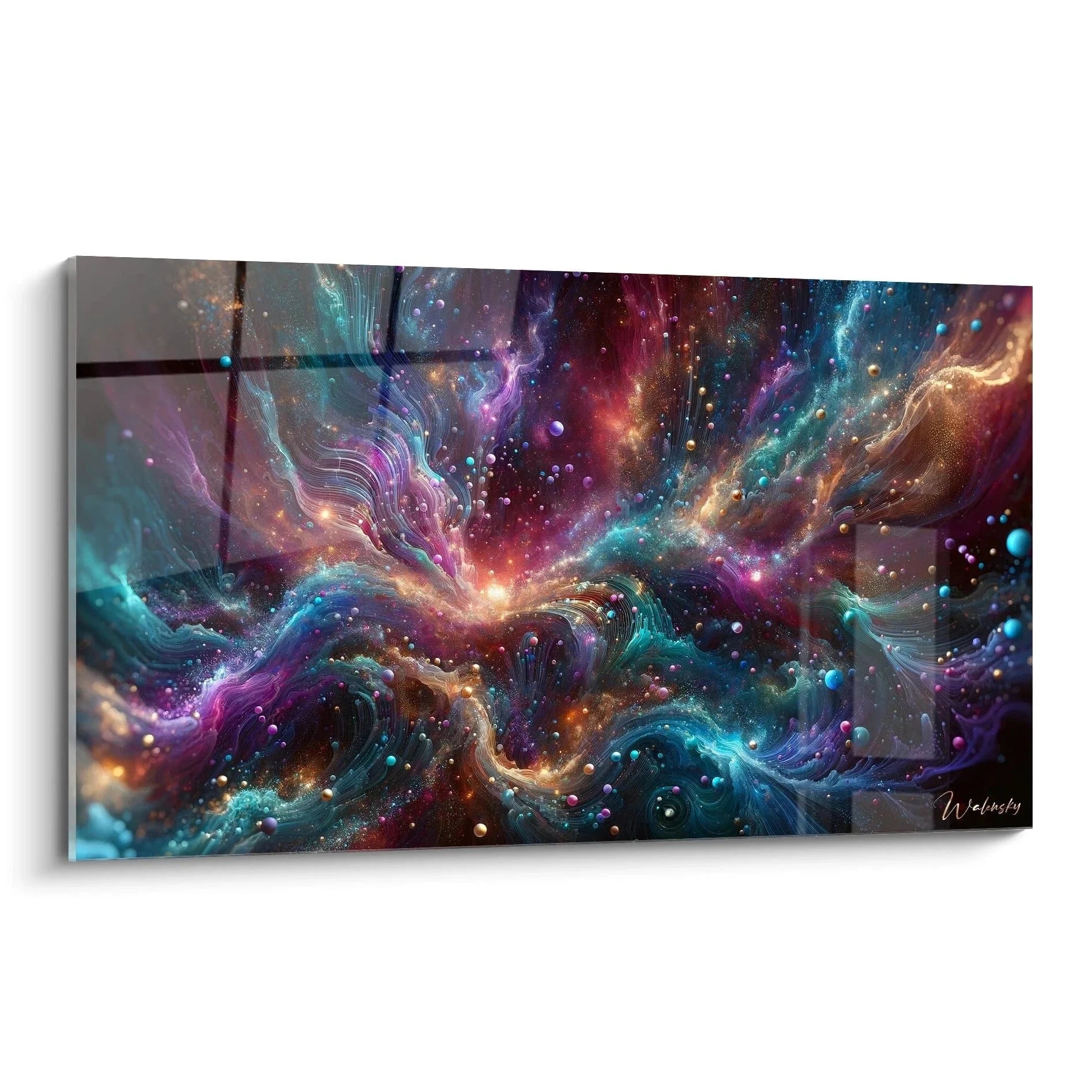 Wandbild kosmischer Wirbel mit leuchtenden violetten und türkisfarbenen Galaxien in abstrakter Malerei