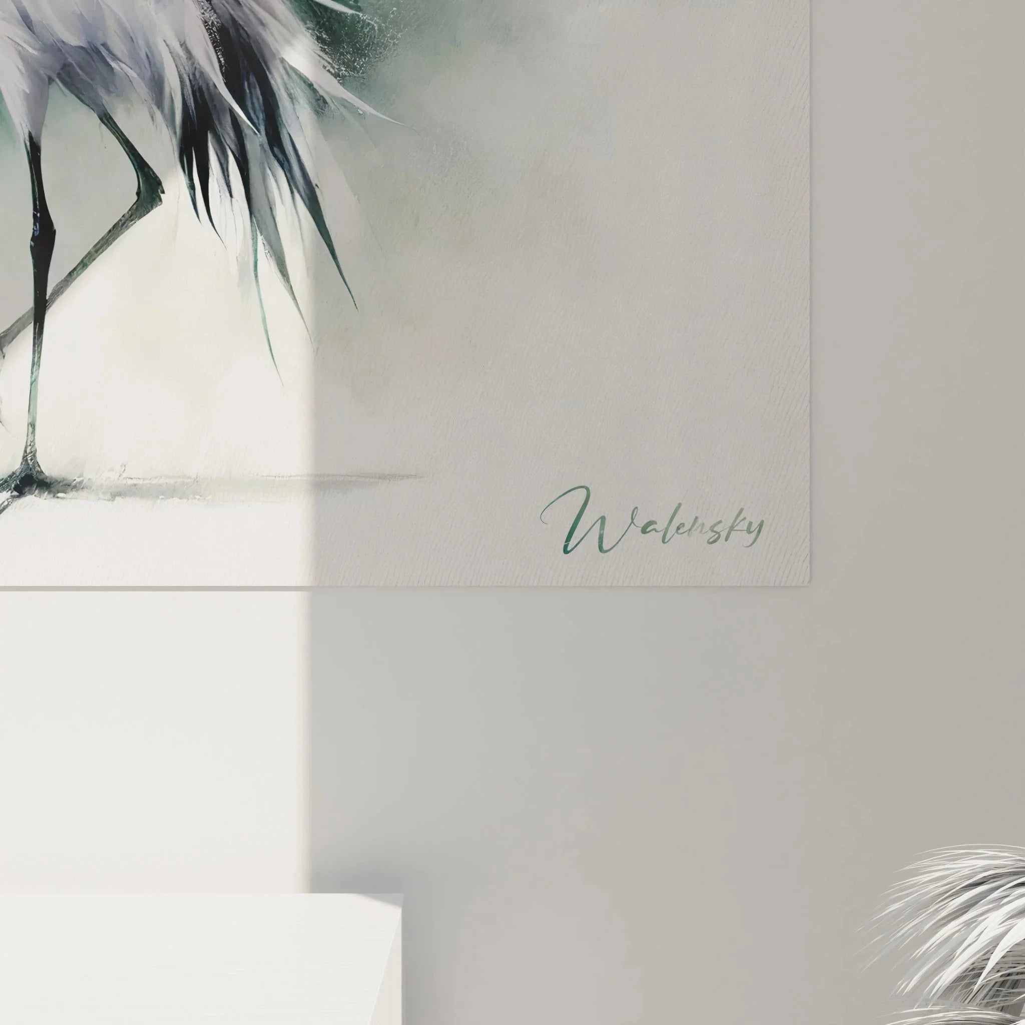 Gesamtansicht Wandbild Kranich Bambus, harmonische Komposition in sanften Grün- und Weißtönen