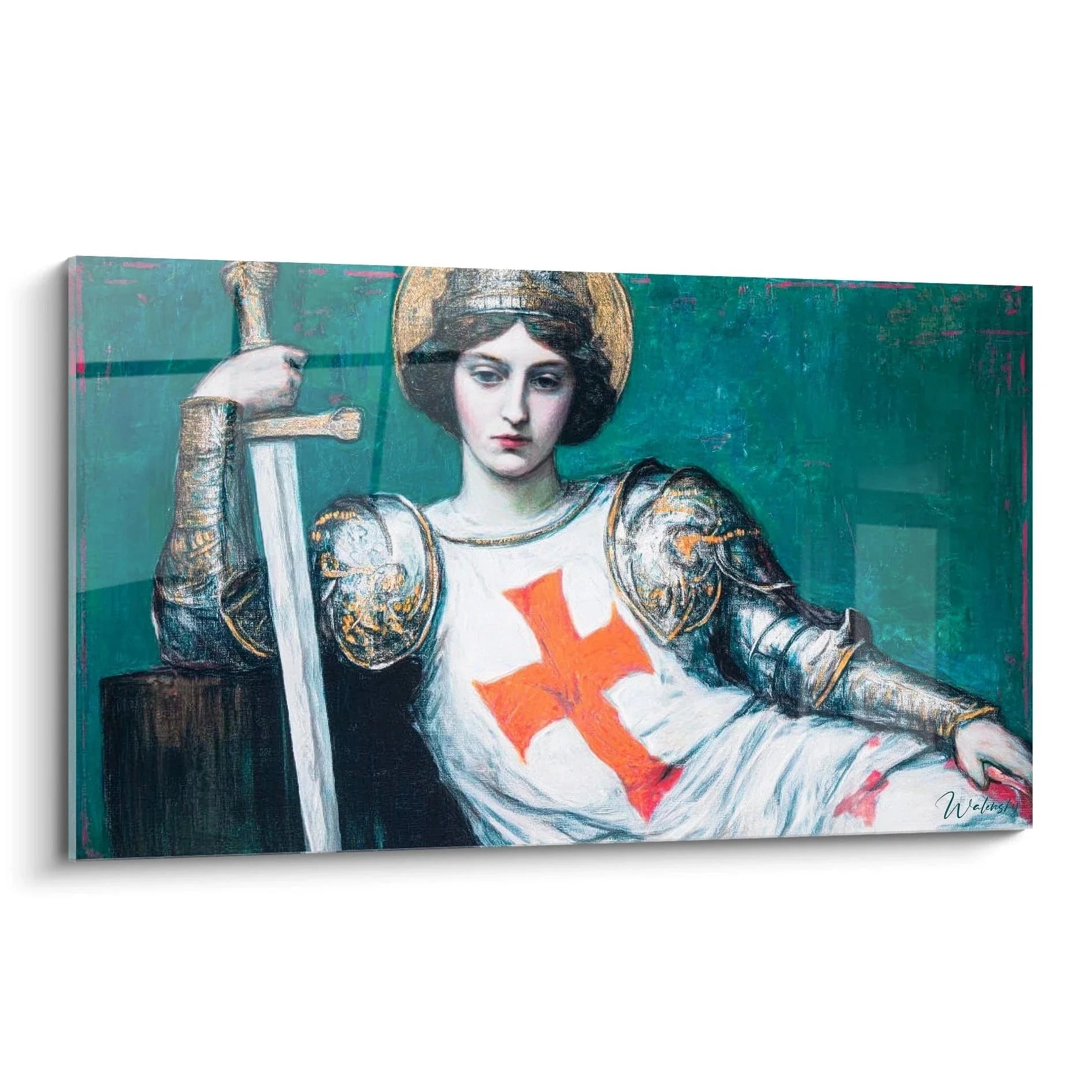 Wandbild Kreuzritter mit rotem Kreuz im präraffaelitischen Stil, Ritter in silberner Rüstung mit Schwert