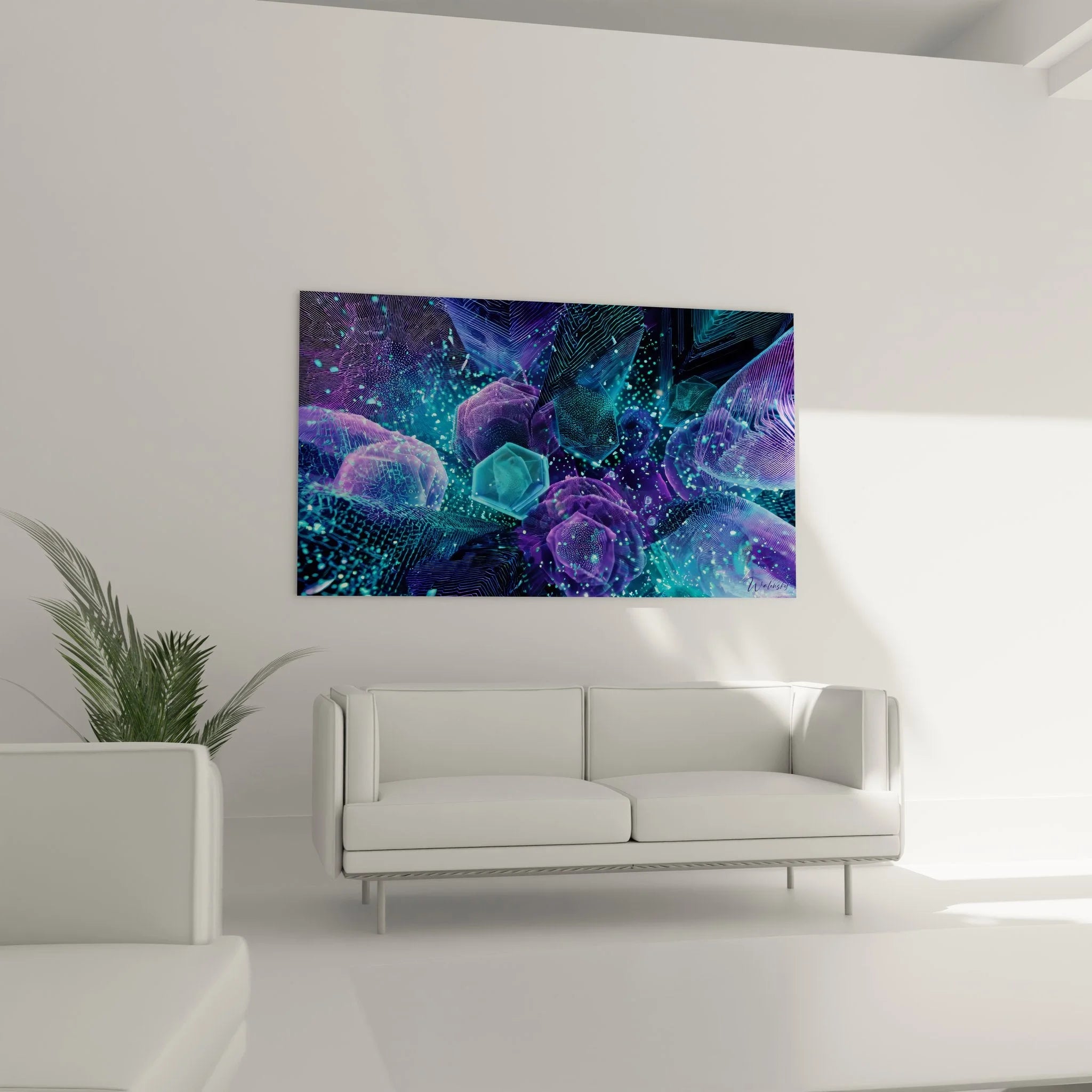 Nahaufnahme Wandbild Kristalle geometrisch abstrakte Strukturen Partikel Lichteffekte Detail