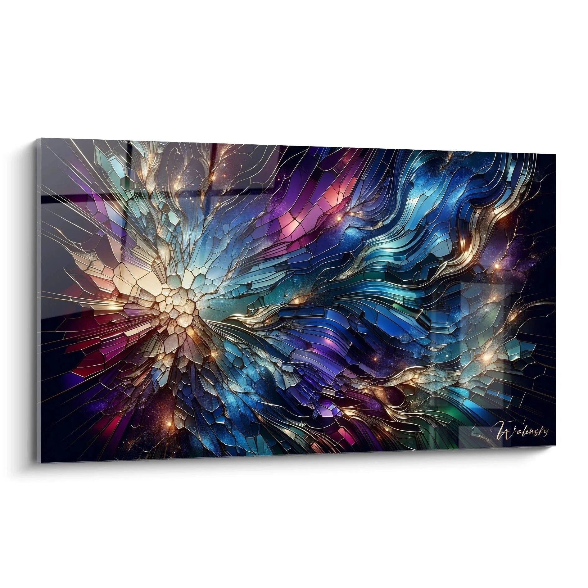 Wandbild Kristallexplosion mit geometrischen Formen in blauen und goldenen Farbtönen - Edition Geometrisch