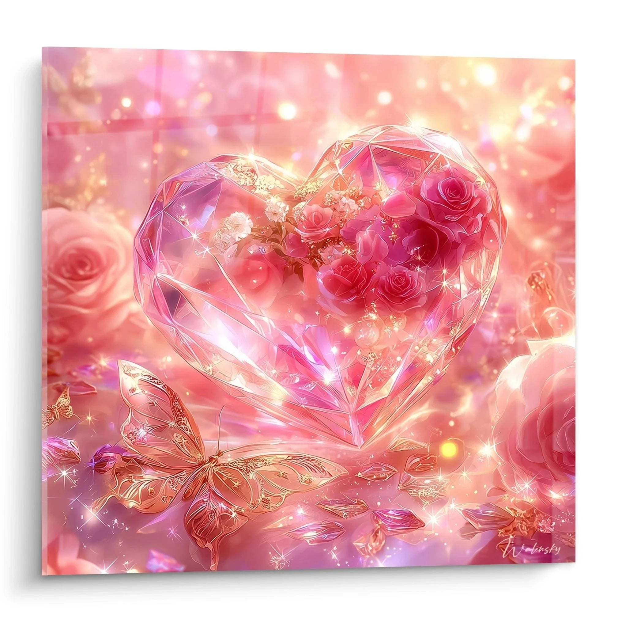 Romantisches Wandbild mit funkelndem Kristallherz und rosa Rosen für Valentinstag Dekoration