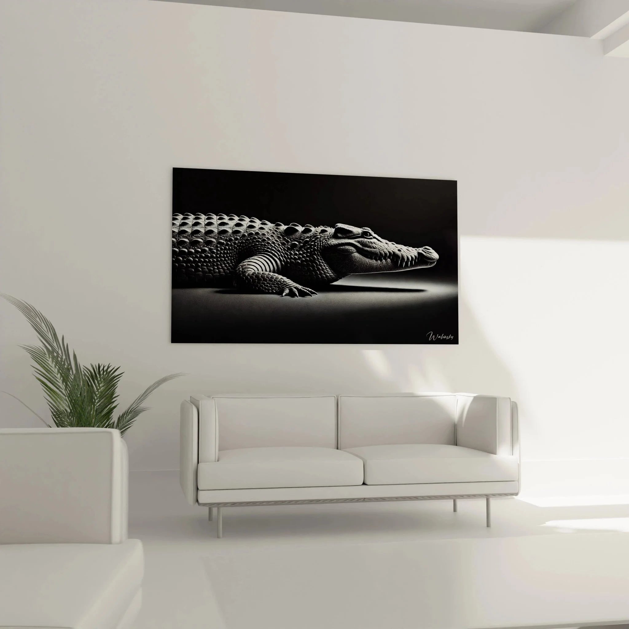 Detailaufnahme Wandbild Krokodil zeigt präzise Schuppen Textur in Schwarzweiß