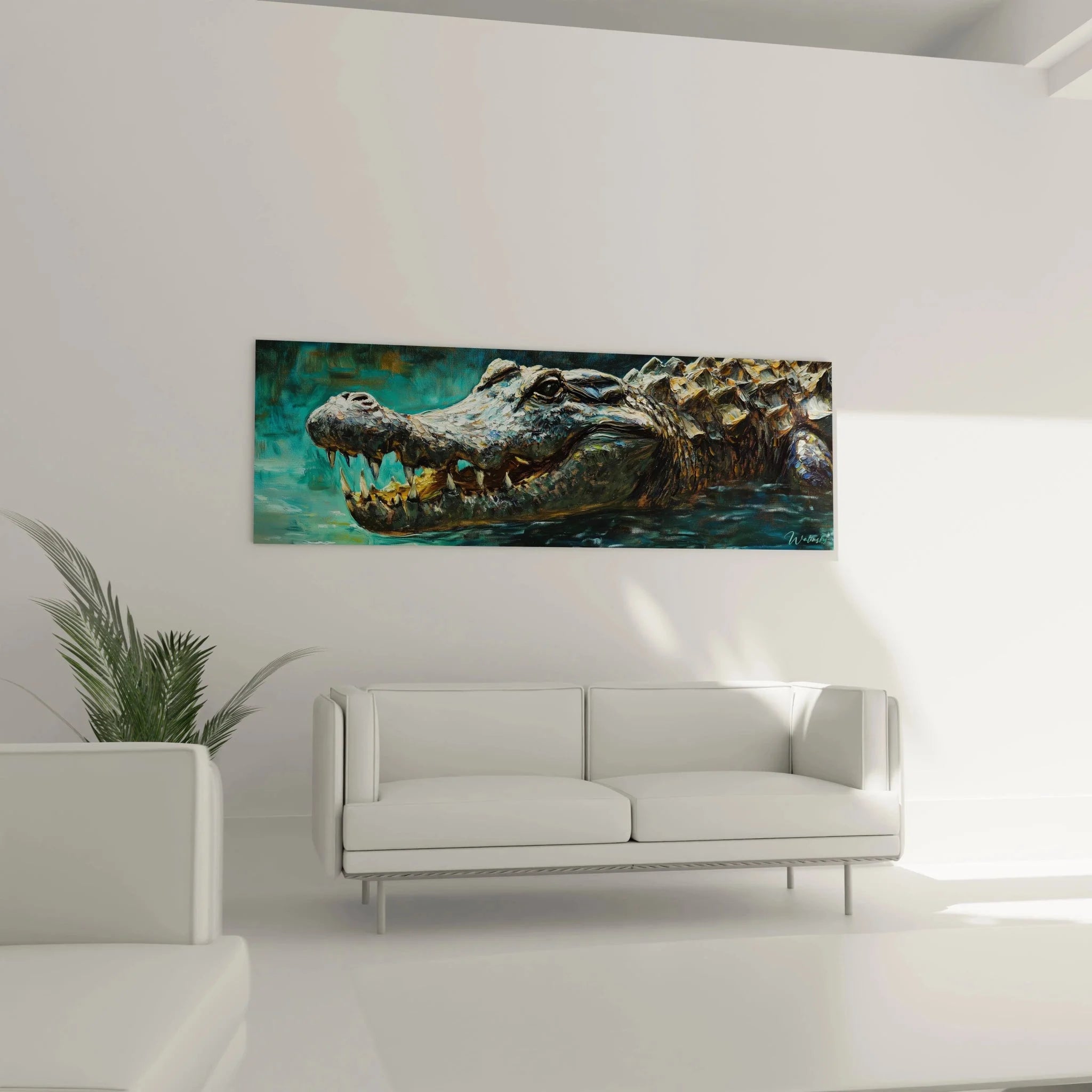 Detailaufnahme Wandbild Krokodil zeigt realistische Schuppenstruktur und scharfe Zähne des Alligators