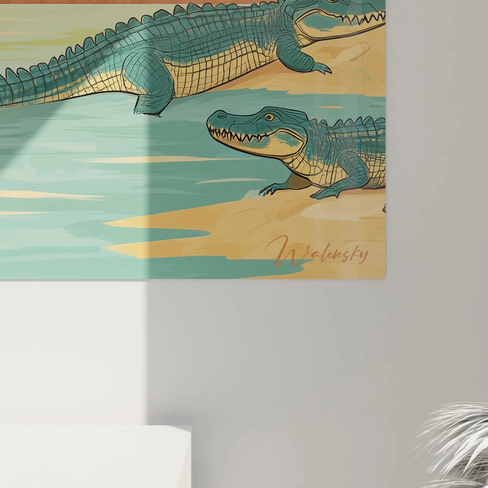 Gesamtansicht Wandbild Krokodile Wüstenszene mit Pyramiden und Palmen im goldenen Licht