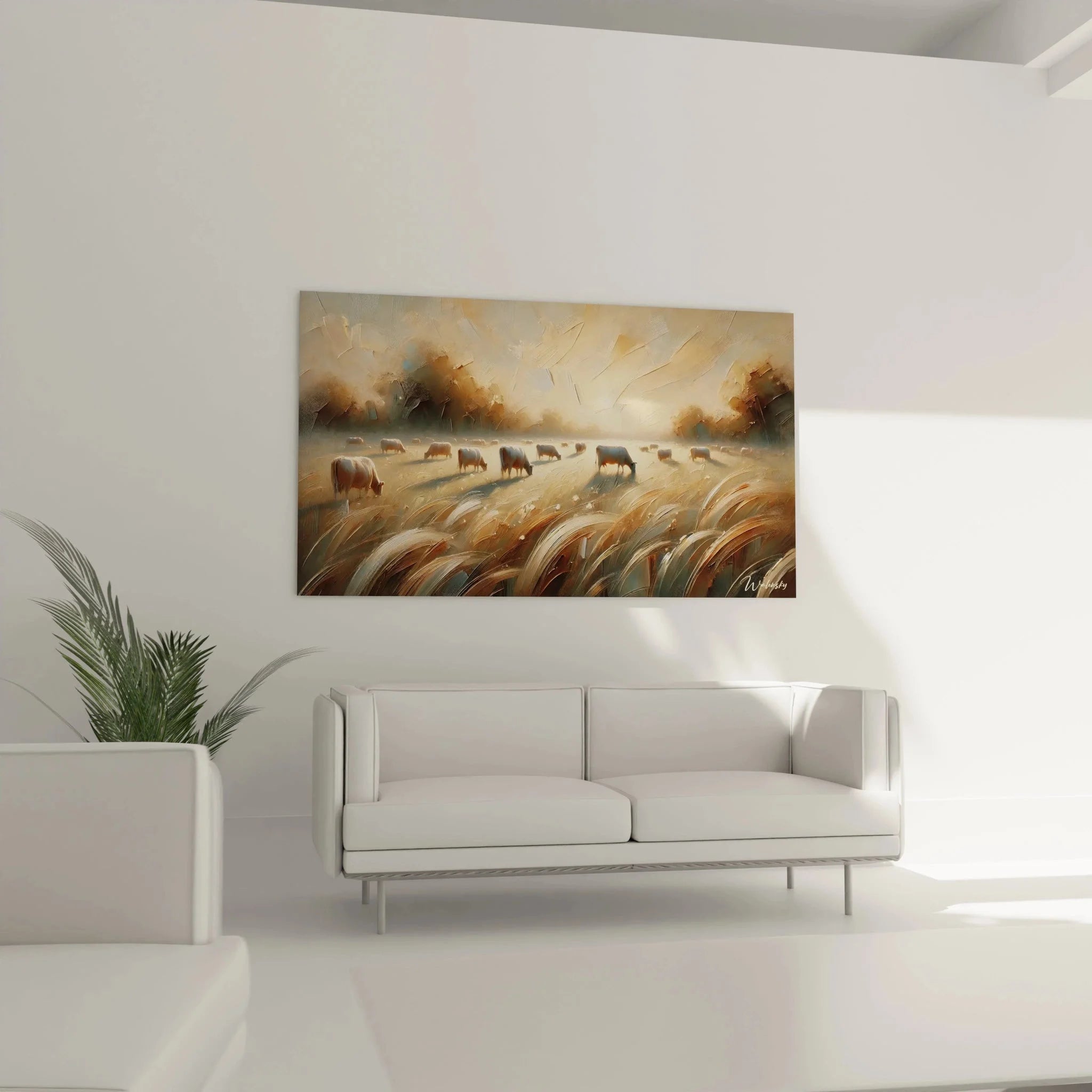 Detailansicht Wandbild Kühe - Impressionistische Malerei mit warmen Erdtönen und Pinselstrichen