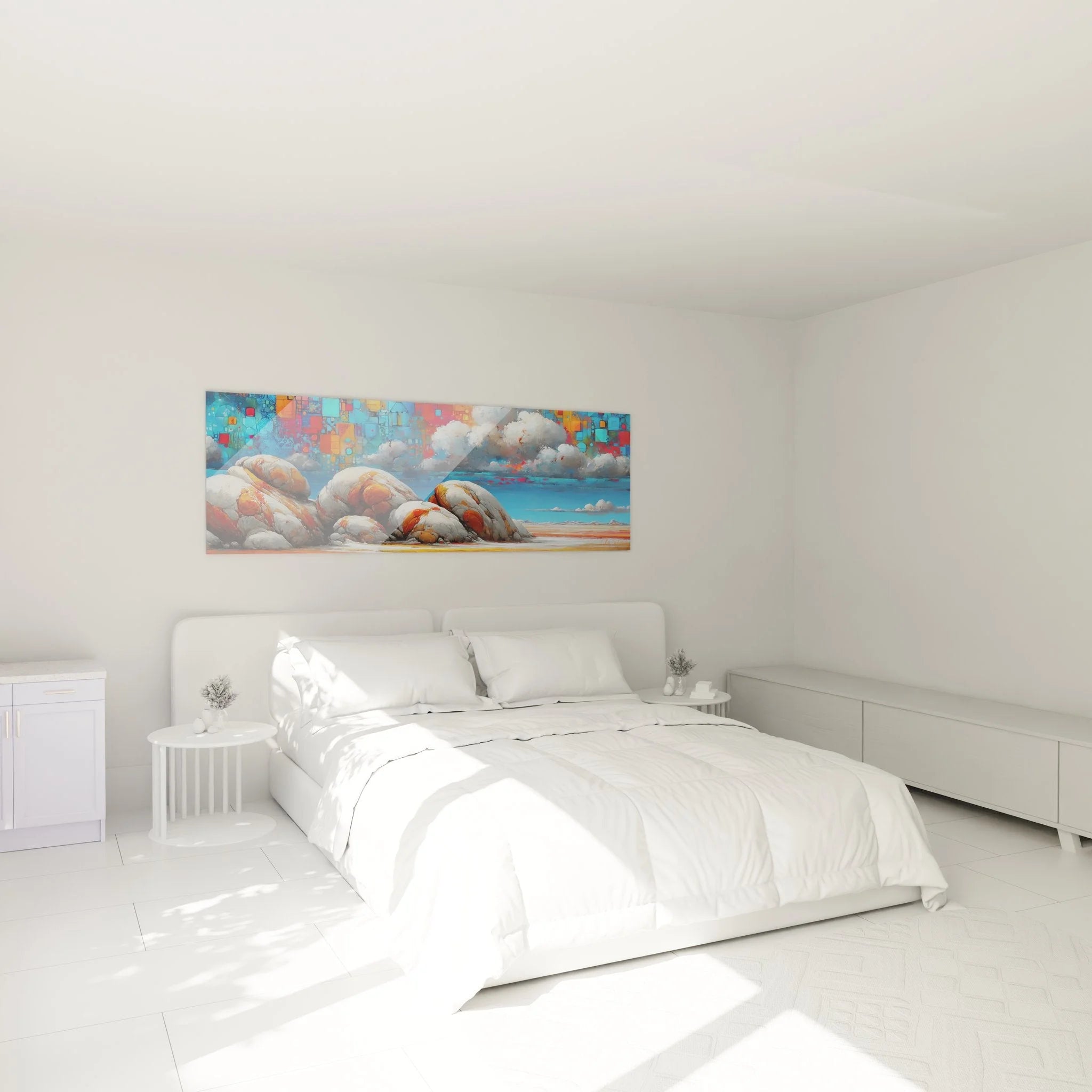 Wandbild Küstenlandschaft in modernem Schlafzimmer, maritime Wanddekoration über Bett