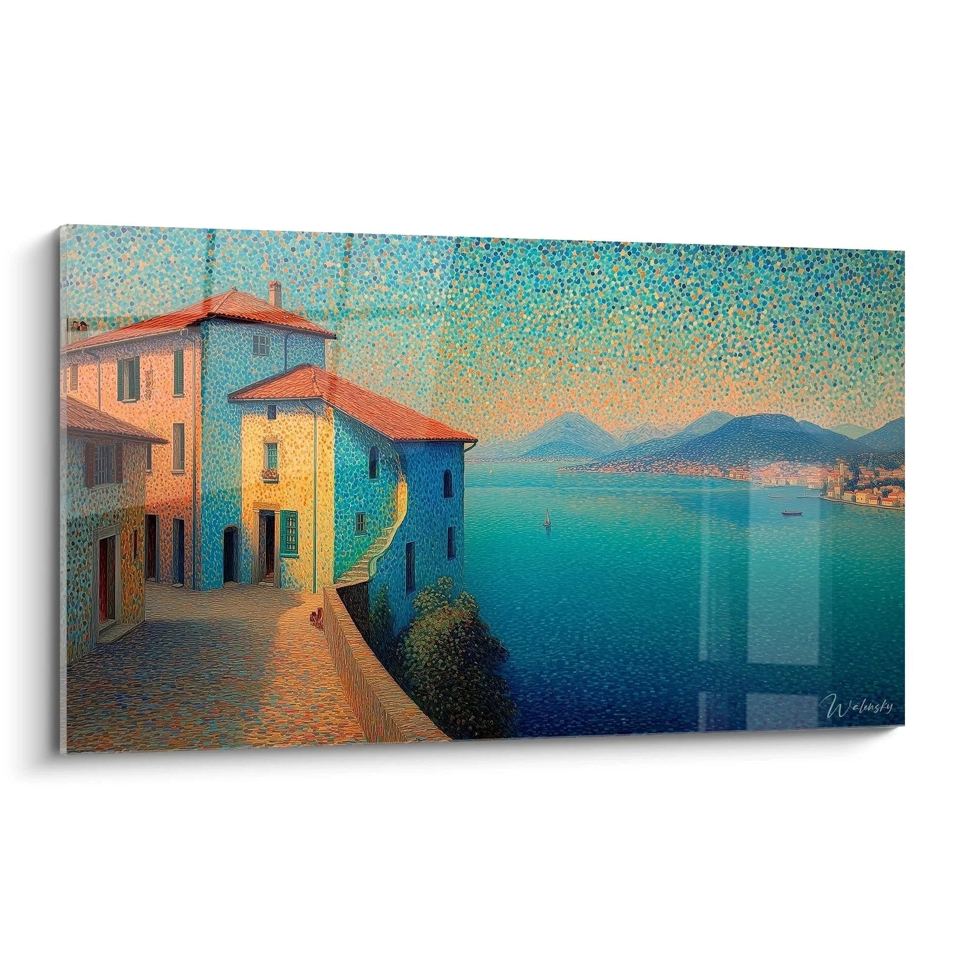 Wandbild Küstenstadt Pointillismus mit bunten Häusern und türkisblauer Bucht in mediterranem Stil