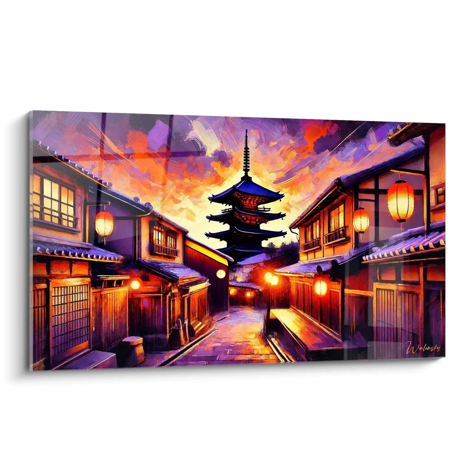 Wandbild Kyoto Straße mit Pagode und Laternen bei Sonnenuntergang - Japan Kunst Premium Qualität