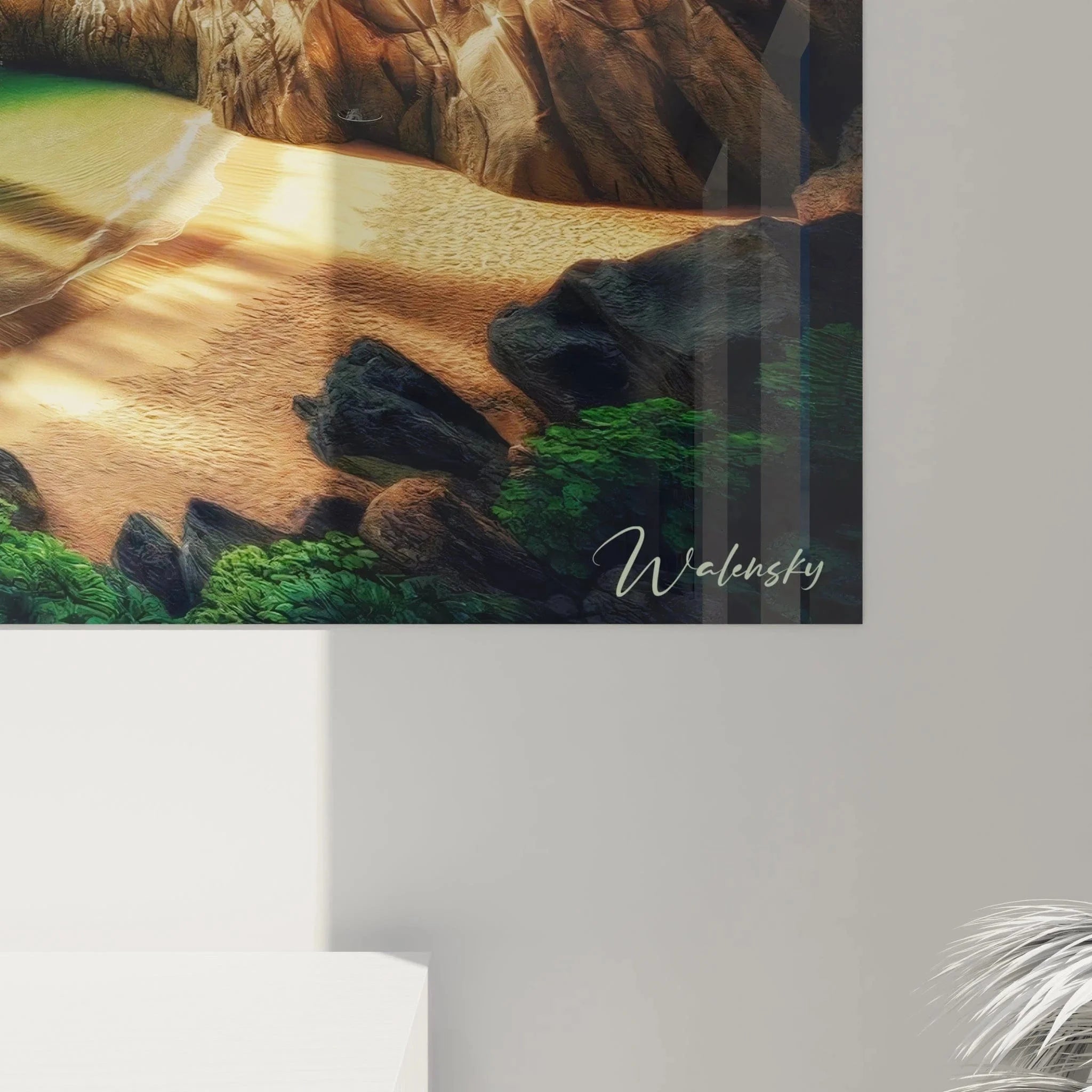 Gesamtansicht Wandbild tropische Lagune - versteckte Bucht mit Palmen und türkisfarbenem Wasser