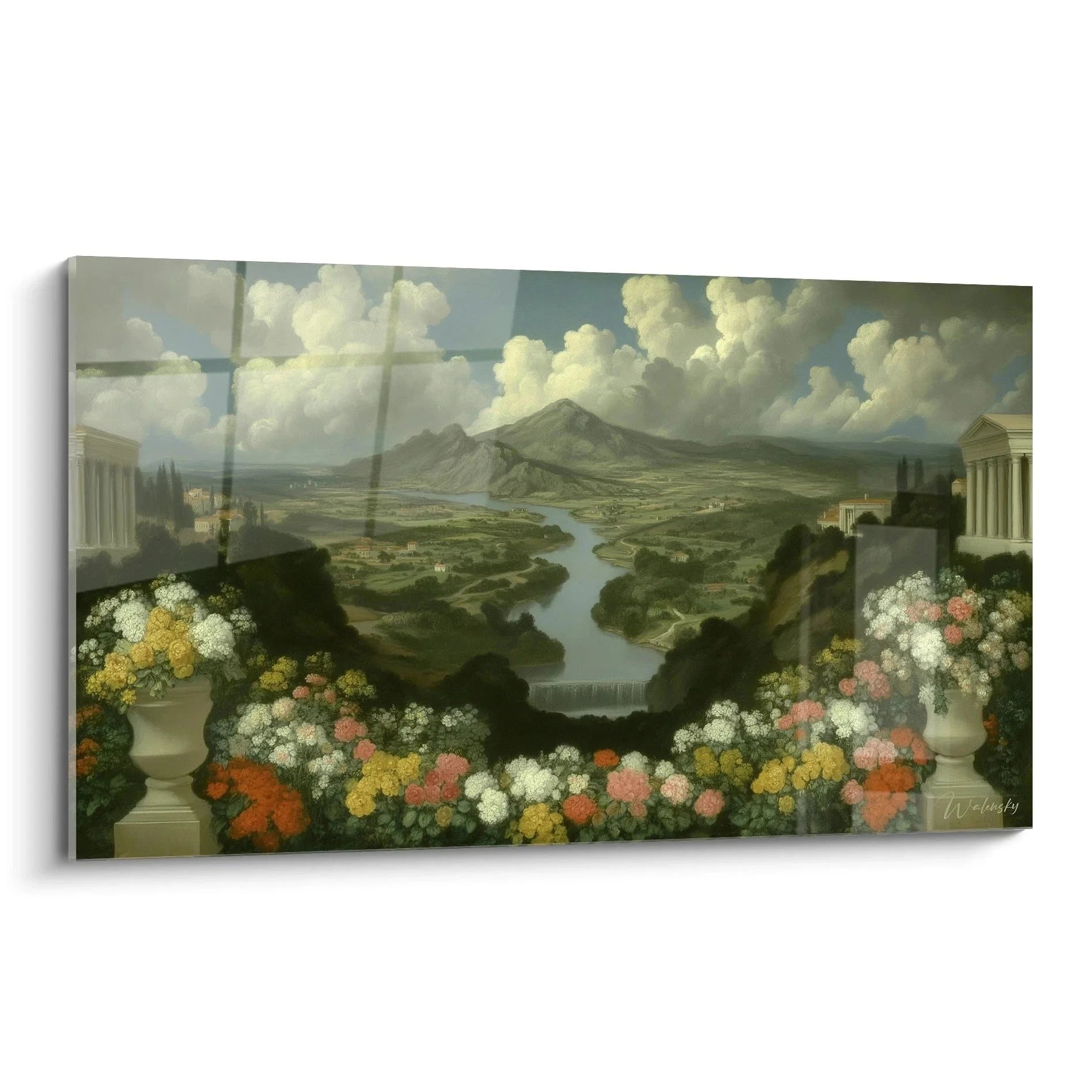 Wandbild neoklassizistische Landschaft mit antiken Säulen und Blumenarrangements vor Bergpanorama