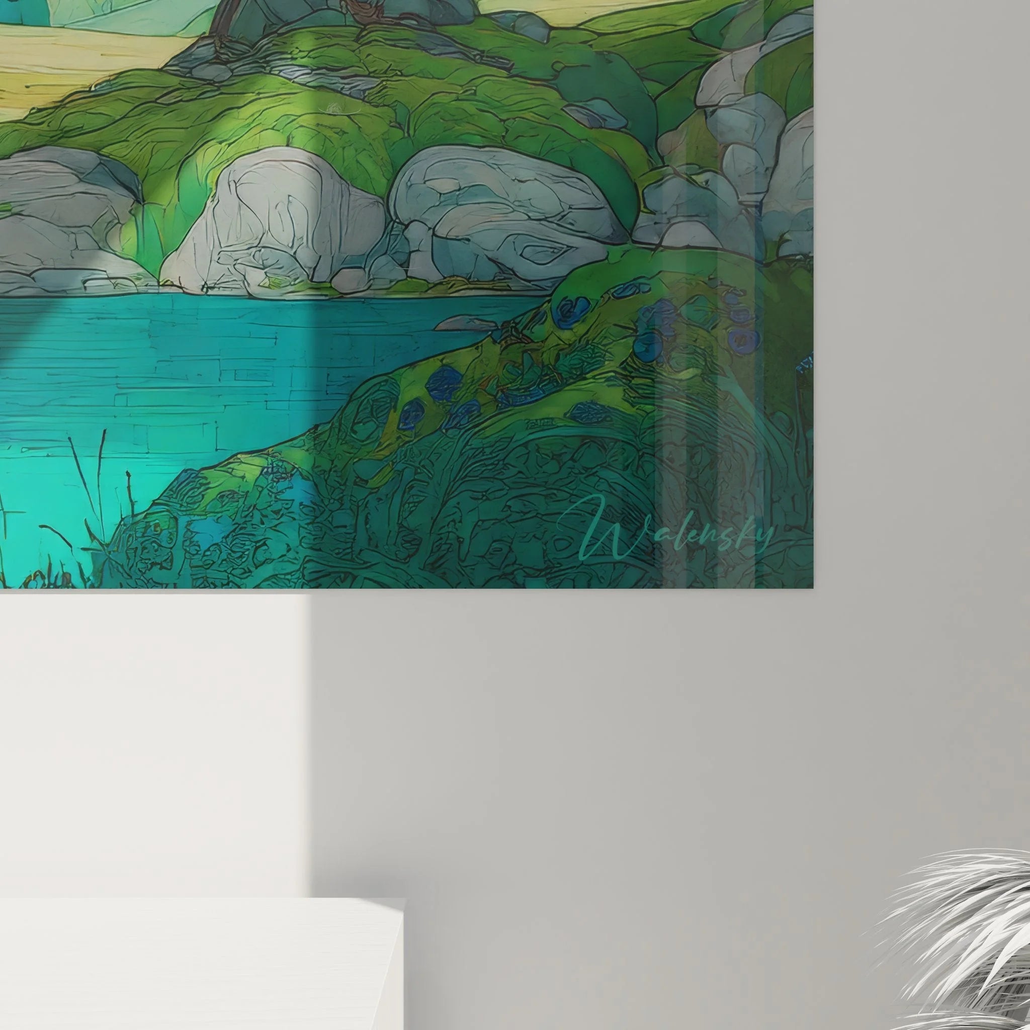 Gesamtansicht Wandbild idyllische Landschaft mit Fluss, Baum und bergiger Waldlandschaft