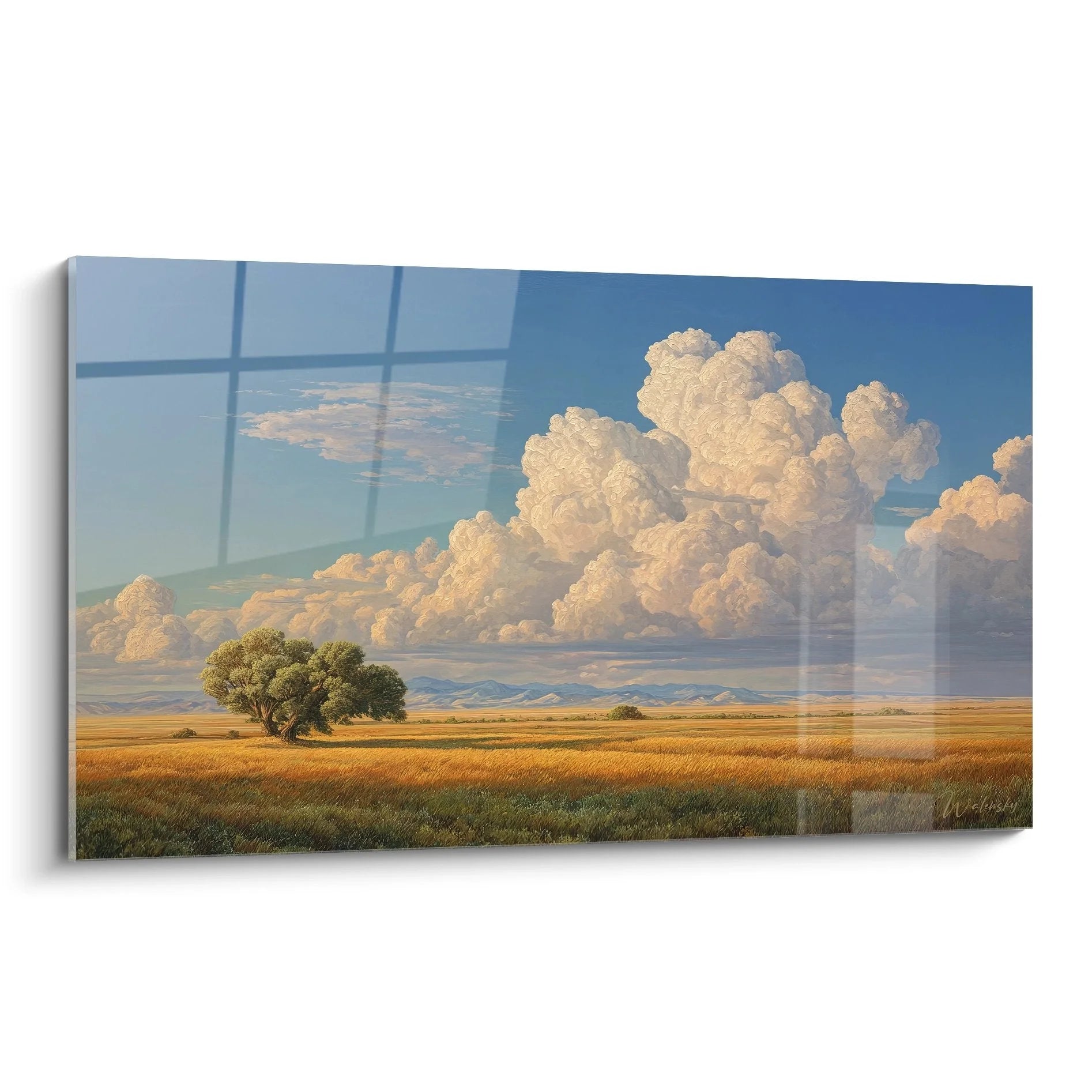 Wandbild Landschaft mit goldenem Kornfeld, majestätischem Baum und dramatischen Wolken am blauen Himmel