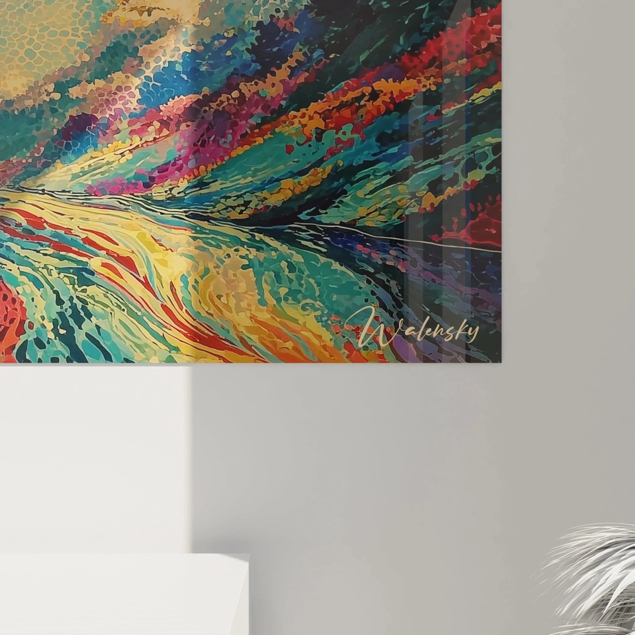 Gesamtansicht Wandbild Landschaft Pointillismus mit kompletter Wolken und Bergkomposition