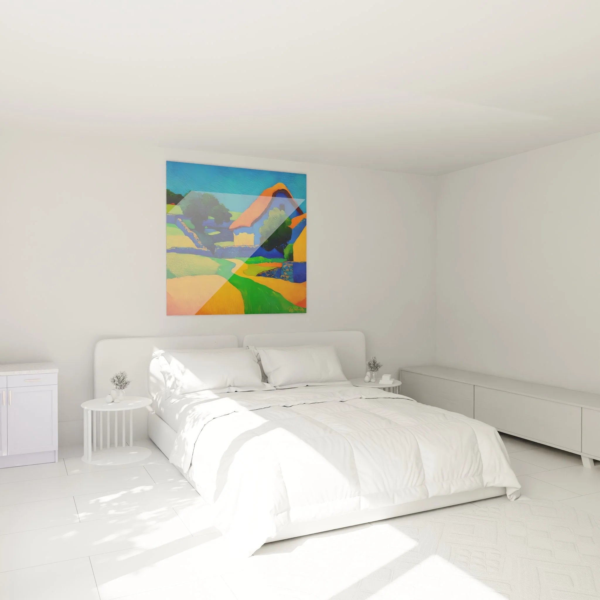 Farbenfrohe Hügellandschaft Wandbild im Schlafzimmer - moderne Landschaftsmalerei als Wanddekoration