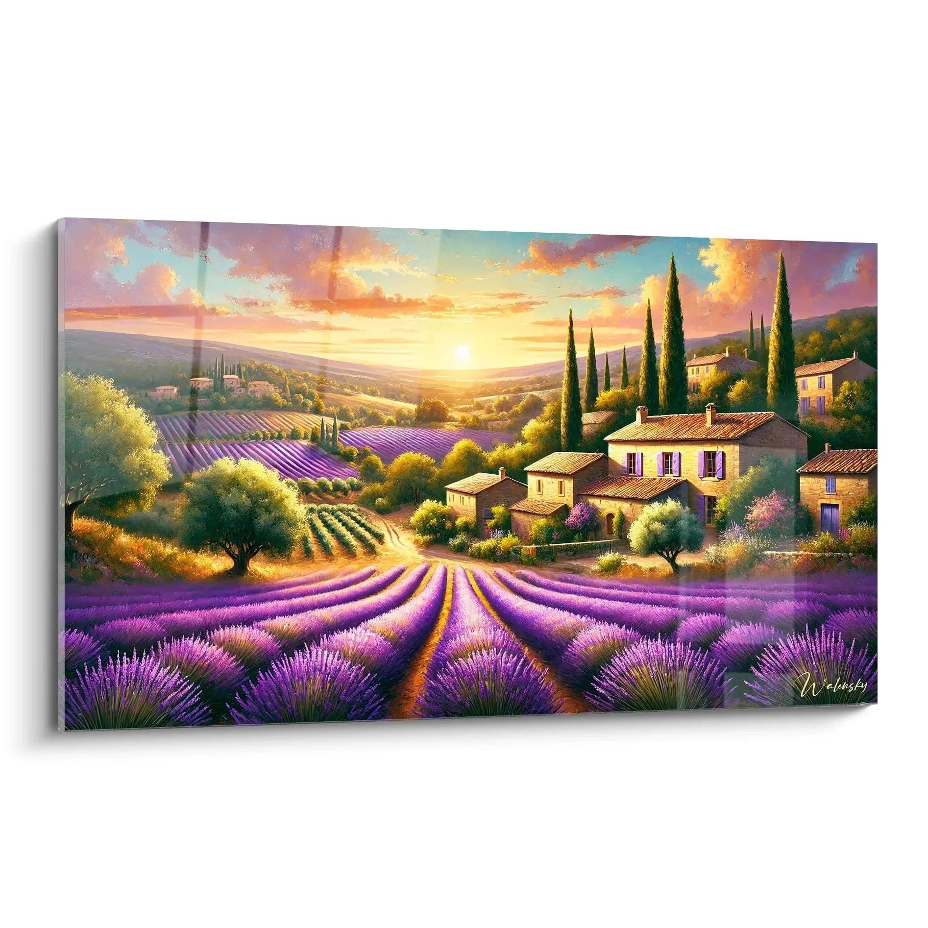 Wandbild Lavendelfelder Provence mit Steinhäusern und Zypressen bei goldenem Sonnenuntergang - Edition Frankreich