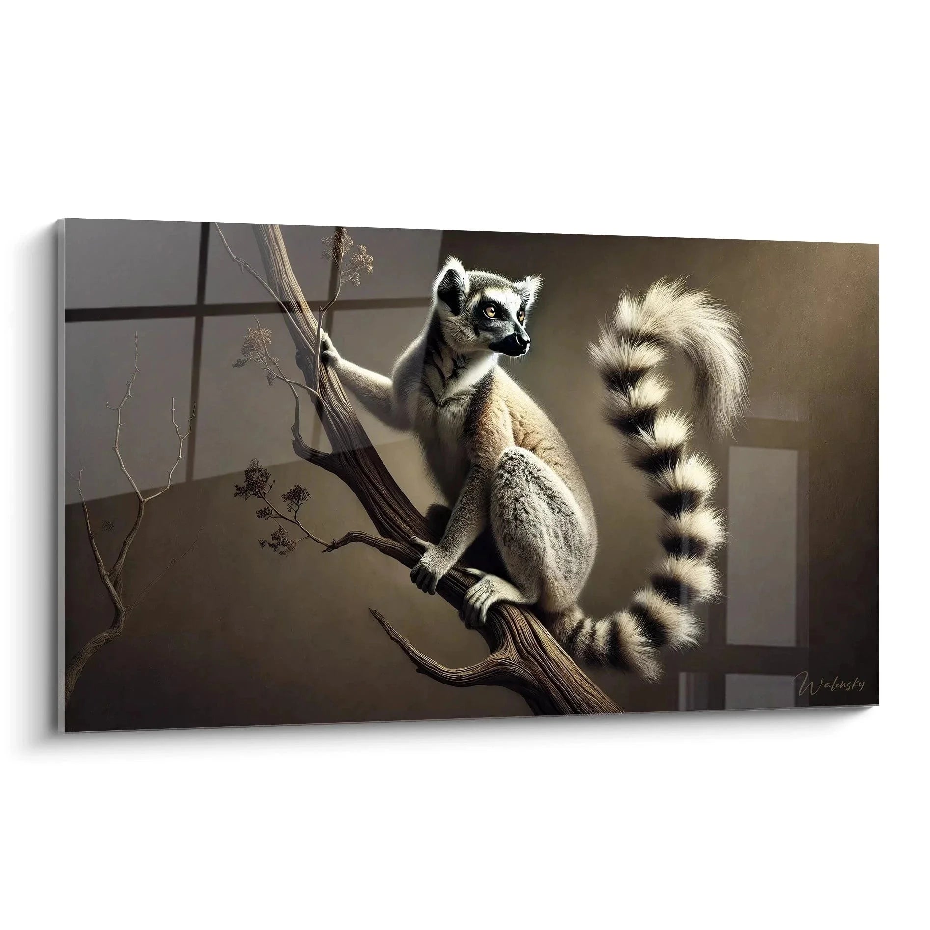 Wandbild Lemur Katta auf Ast mit geringeltem Schwanz, blaue Augen, Madagascar Primaten Wandkunst