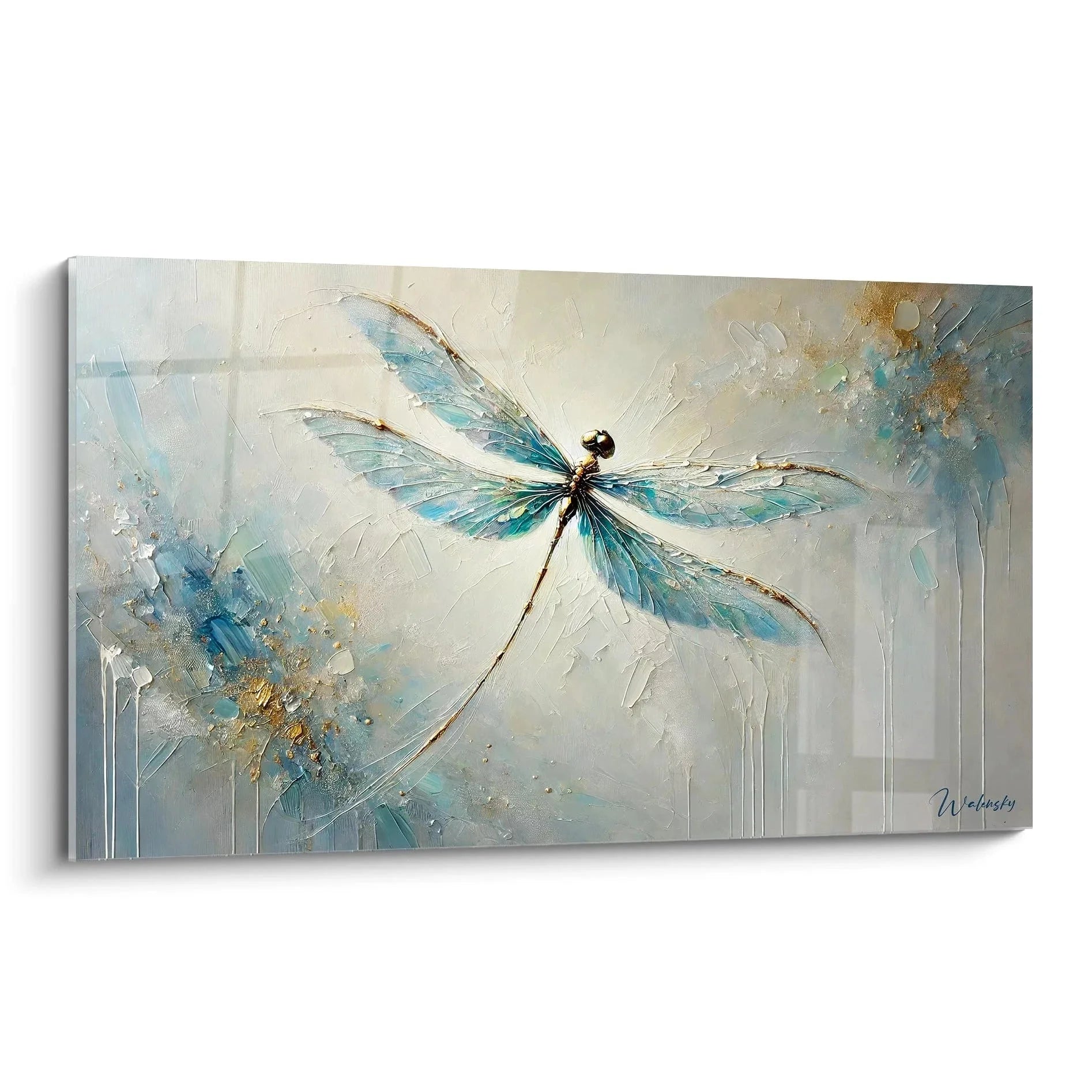 Wandbild Libelle abstrakt in türkis und gold, moderne Insektenkunst für Wohnzimmer