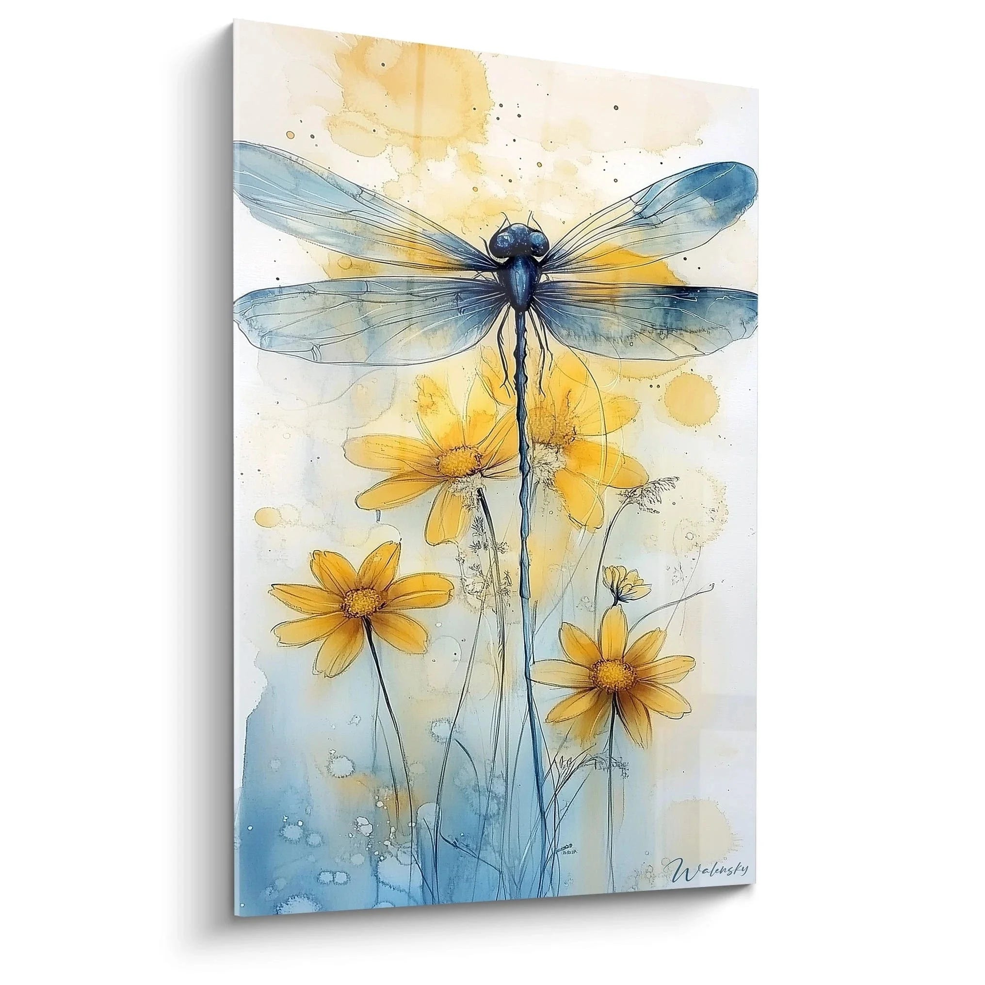 Wandbild Libelle Aquarell mit gelben Blumen auf Leinwand - Edition Libelle Naturkunst
