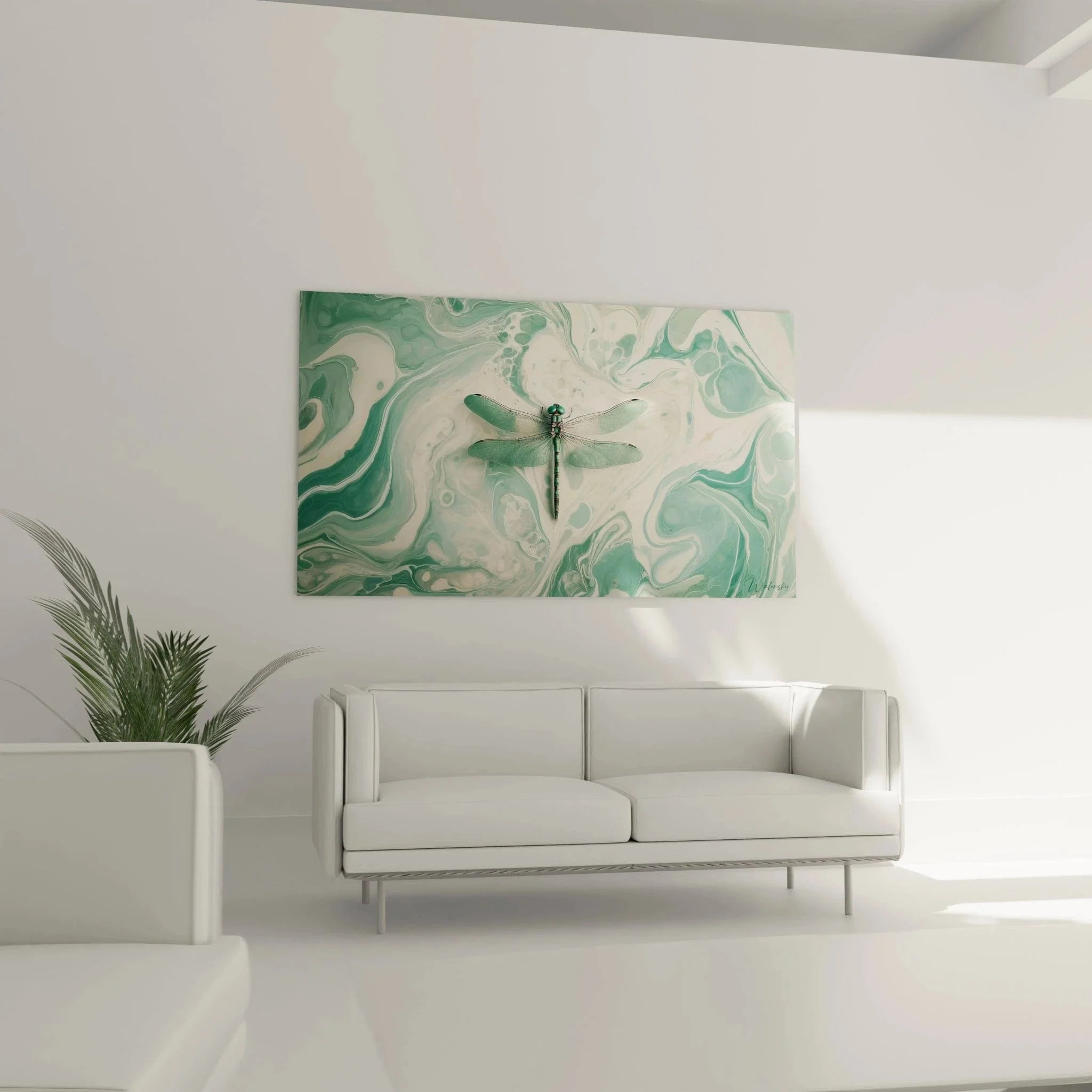 Detailansicht Wandbild Libelle mit realistischen Flügeln auf marmoriertem Acryl-Hintergrund