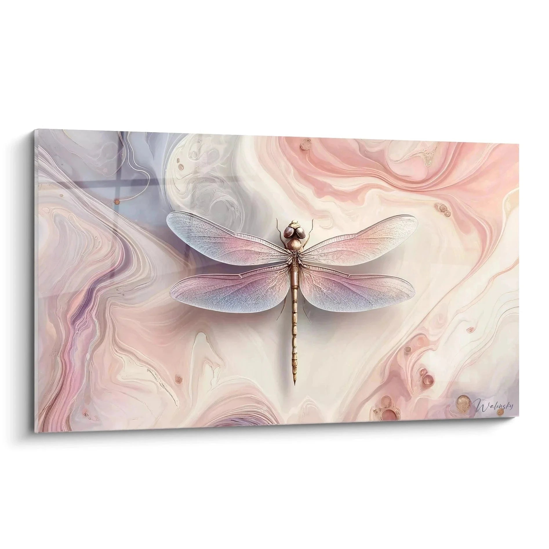 Wandbild Libelle expressionistisch mit marmoriertem rosa Hintergrund - Edition Expressionismus Premium Kunstdruck