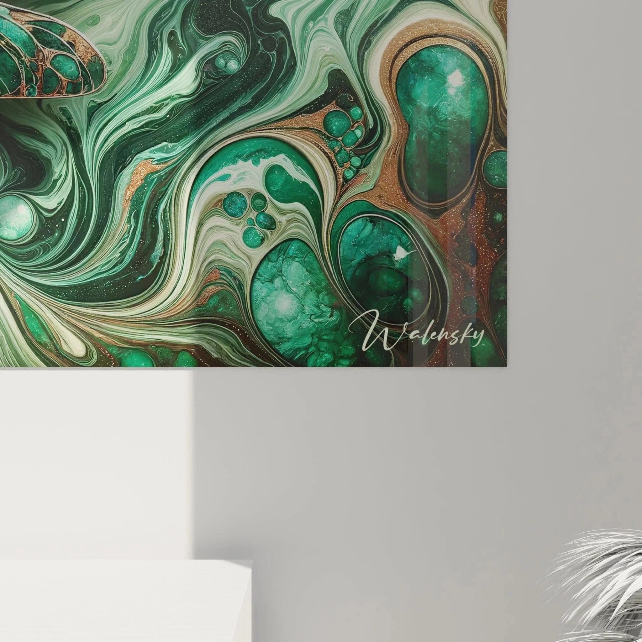 Gesamtansicht Wandbild Libelle abstrakte Kunst smaragdgrüne Farbtöne