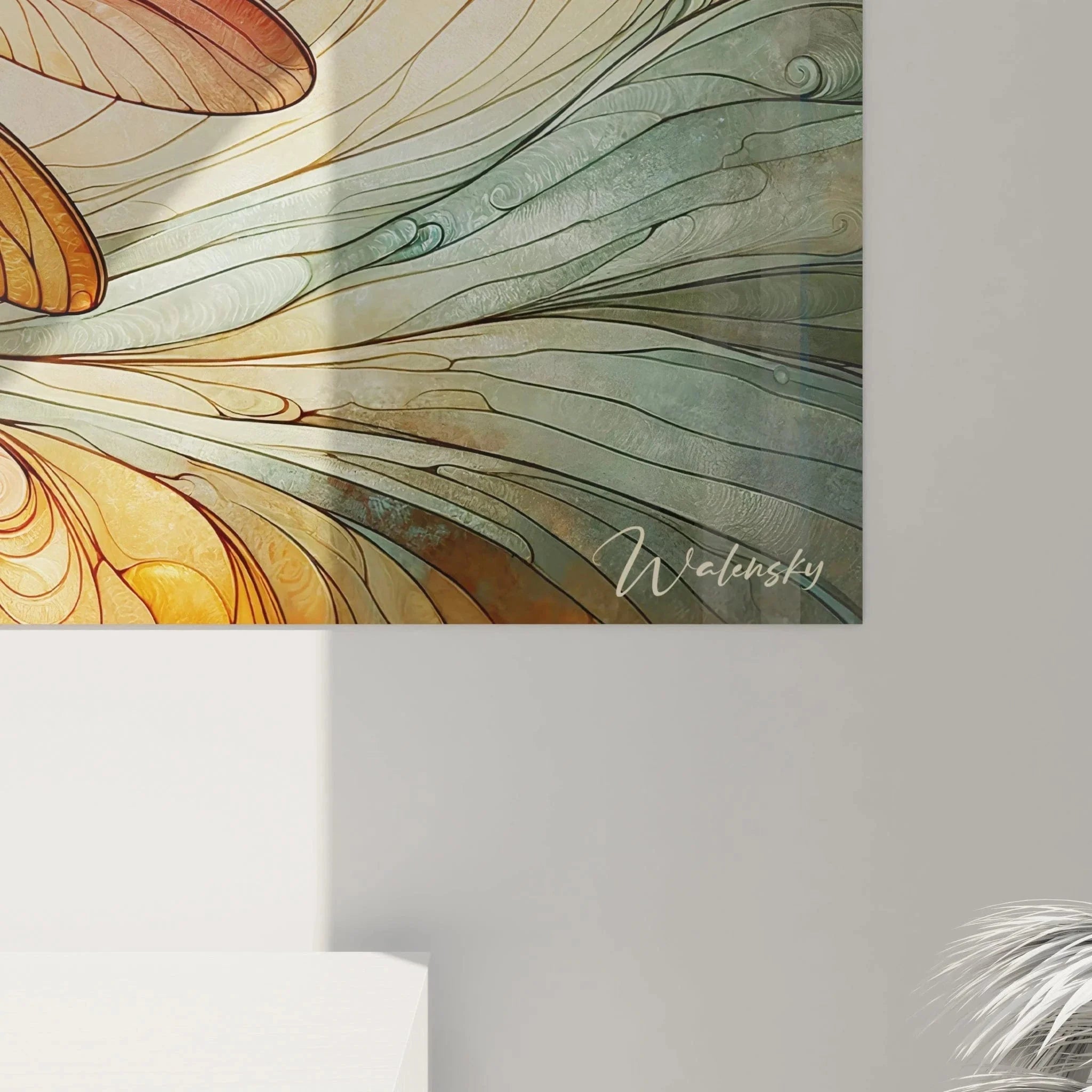 Gesamtansicht Wandbild Libelle goldene Schwingungen Acryl-Optik Wandkunst Raumdarstellung