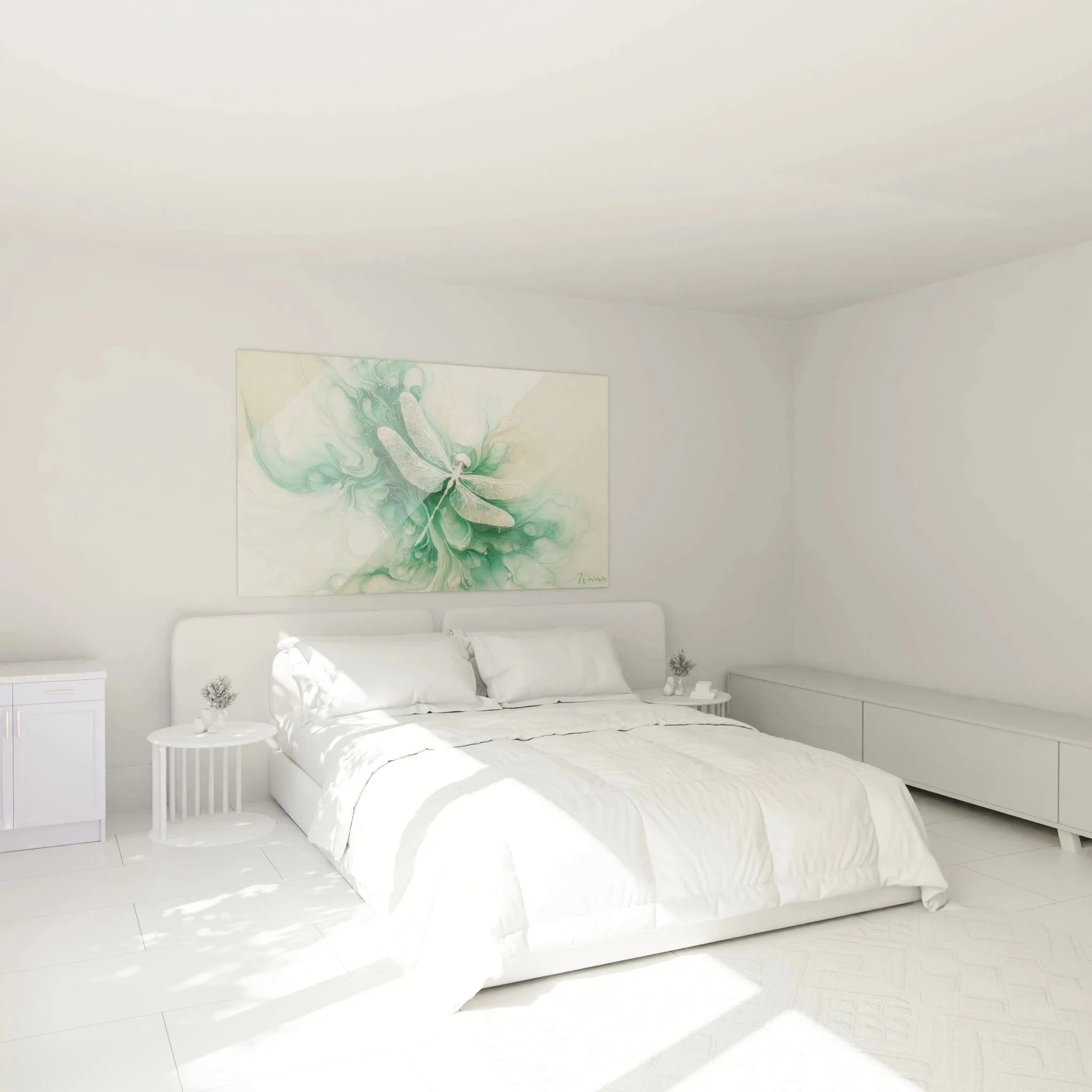 Wandbild Libelle grün im Schlafzimmer - moderne abstrakte Wanddekoration in Acryl-Optik für elegante Raumgestaltung