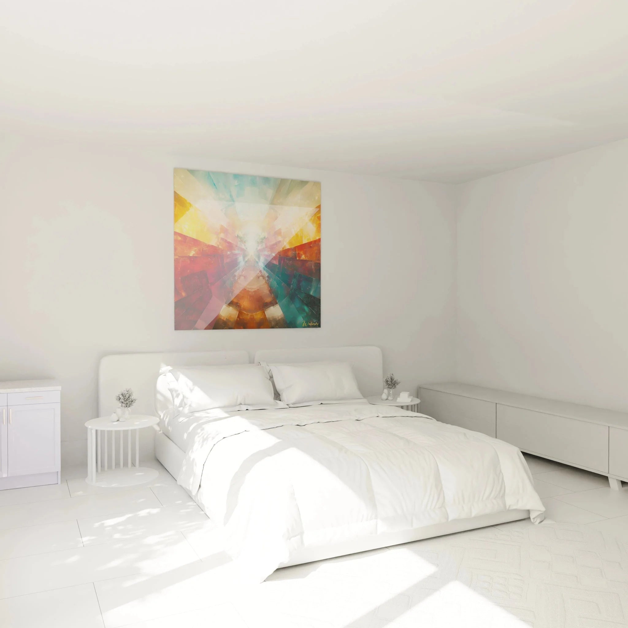Wandbild Lichttunnel abstrakt geometrisch im modernen Schlafzimmer als XXL Wanddekoration