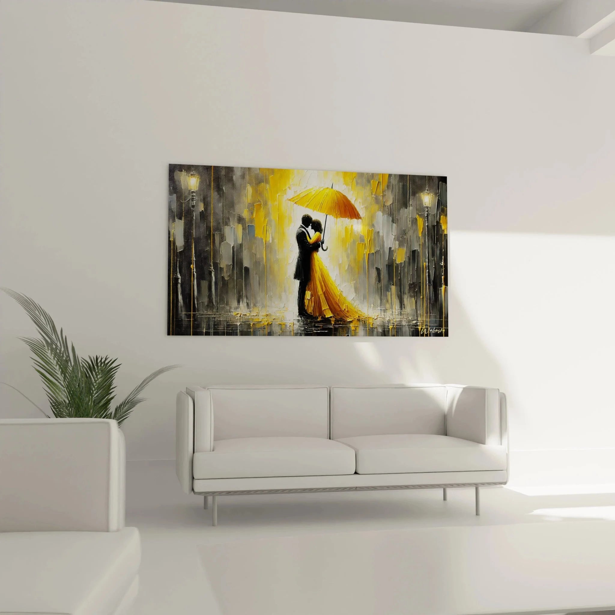 Detailansicht romantisches Wandbild mit Liebespaar unter Regenschirm in gelb-grauer Farbpalette
