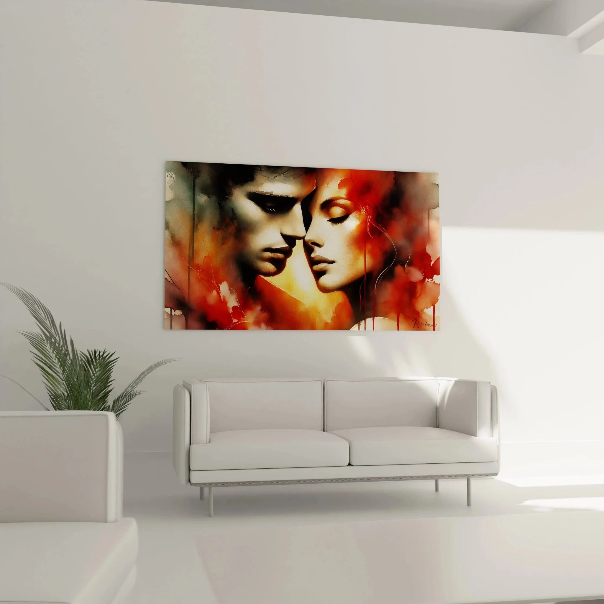 Detailansicht Wandbild Liebespaar - emotionale Gesichter in warmen Rottönen und Goldtönen