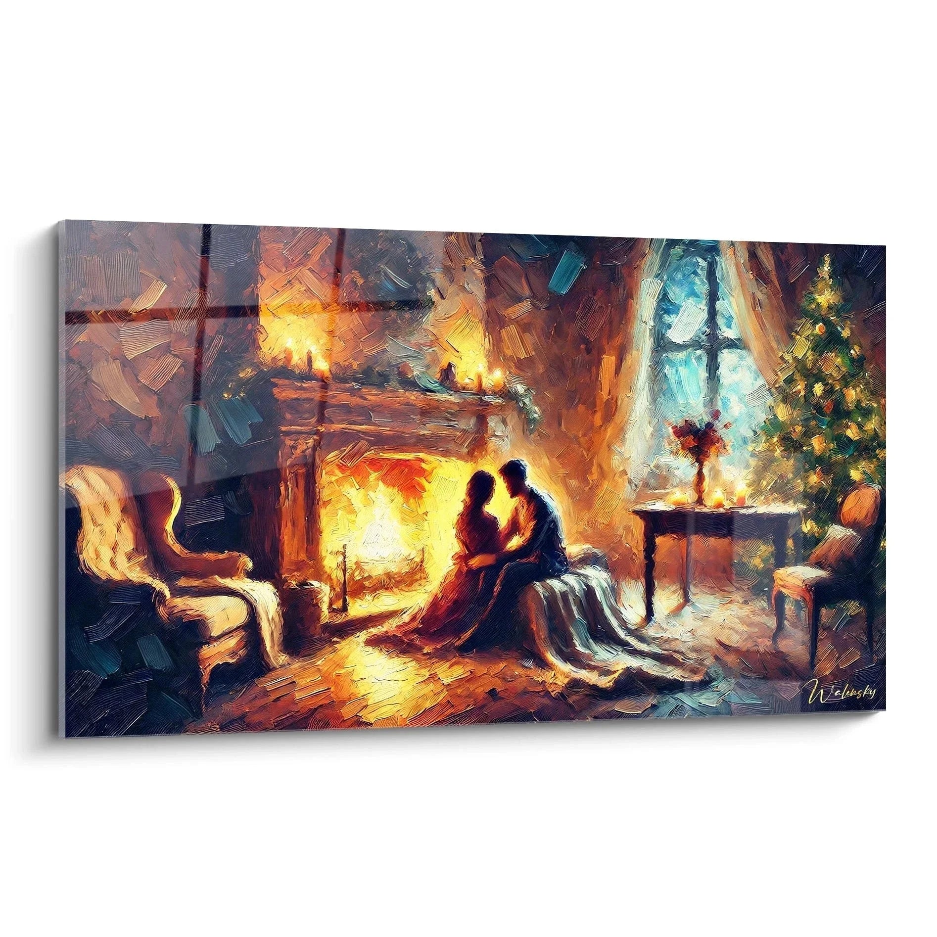 Wandbild Liebespaar am Kamin - Romantische Szene mit Weihnachtsbaum und warmem Licht