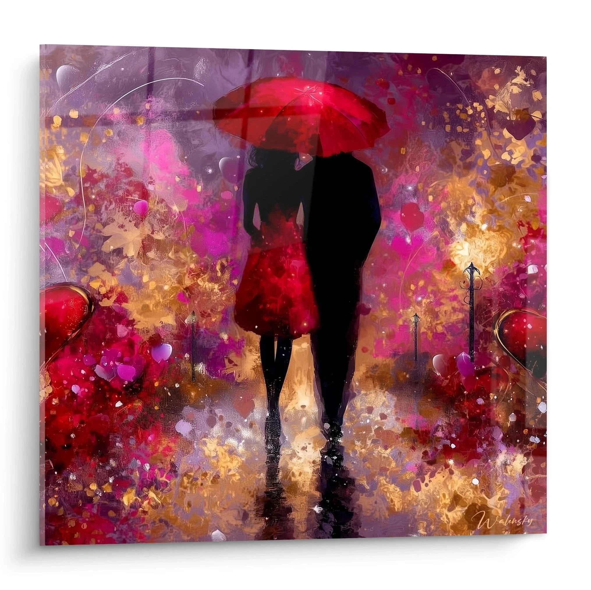 Romantisches Wandbild Liebespaar unter rotem Regenschirm im Regen - Edition Valentinstag Kunstdruck