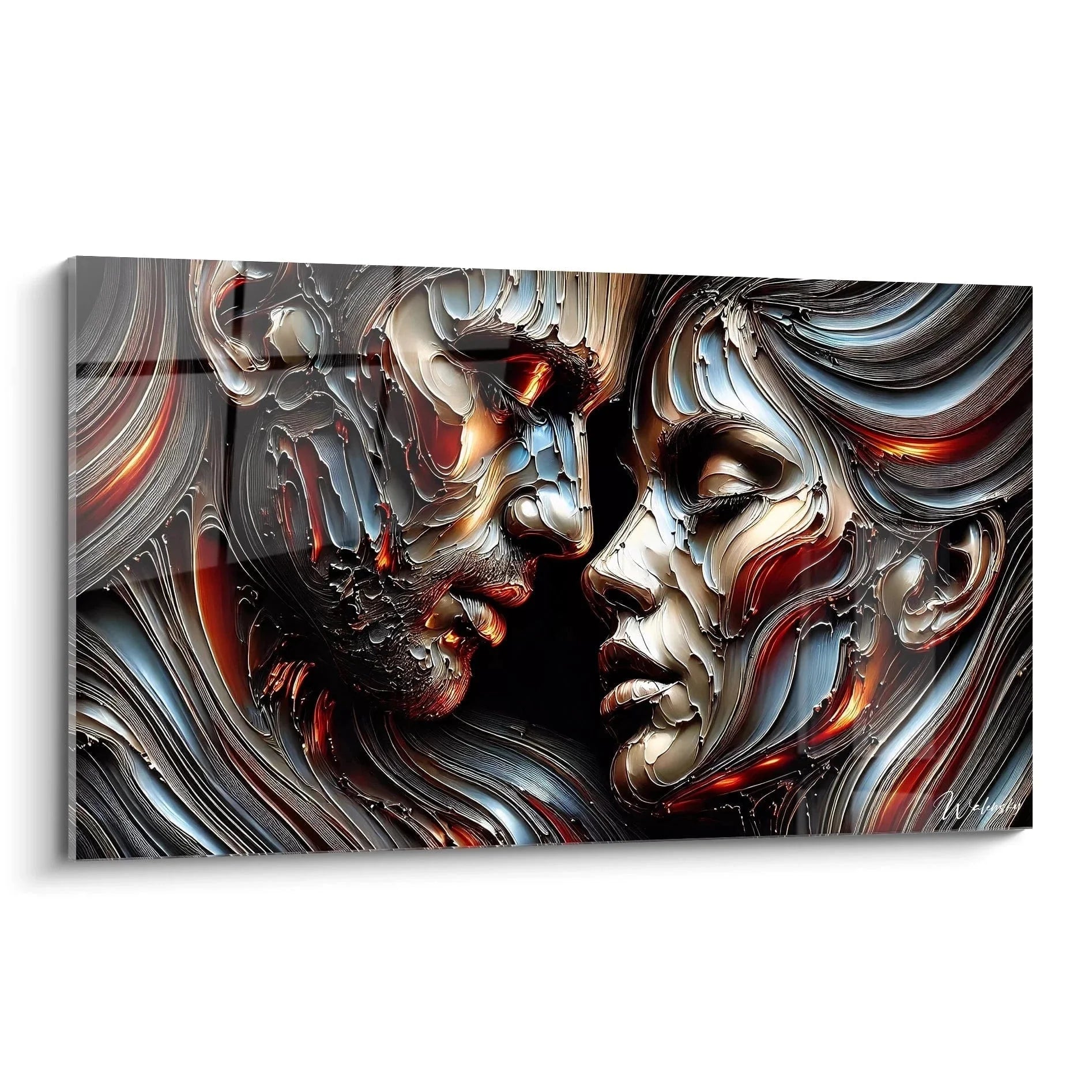 Wandbild Liebespaar mit verschmelzenden Gesichtern in metallischen fließenden Formen, Edition Romantisch