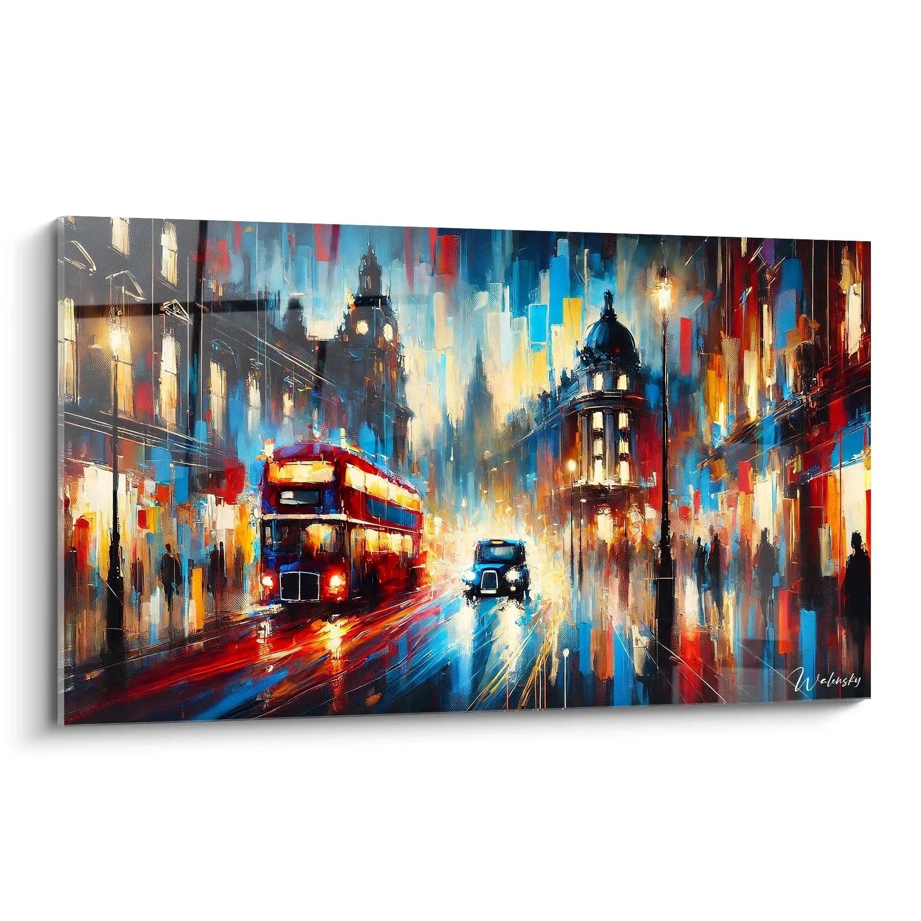 Wandbild London Straßenszene mit rotem Doppeldeckerbus in expressionistischem Malstil, England Edition